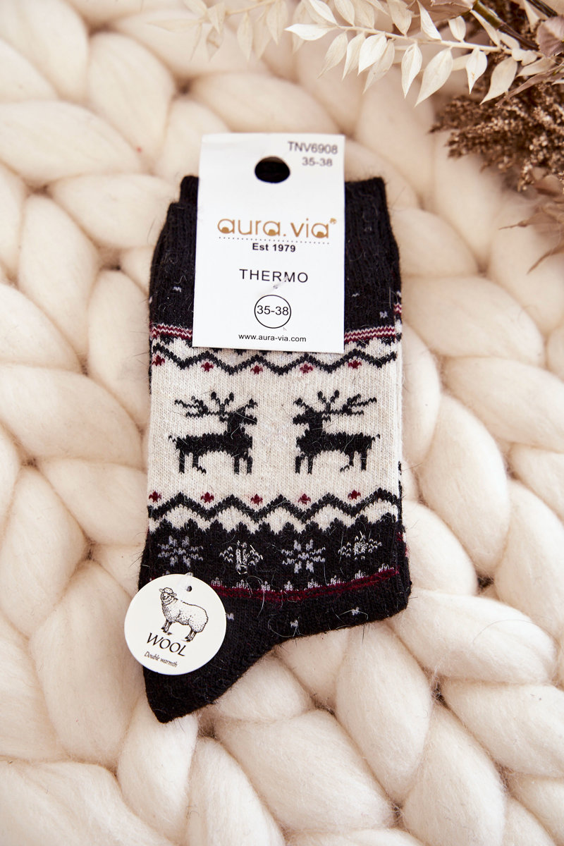 Women's Christmas woolen socks with reindeer pattern Black