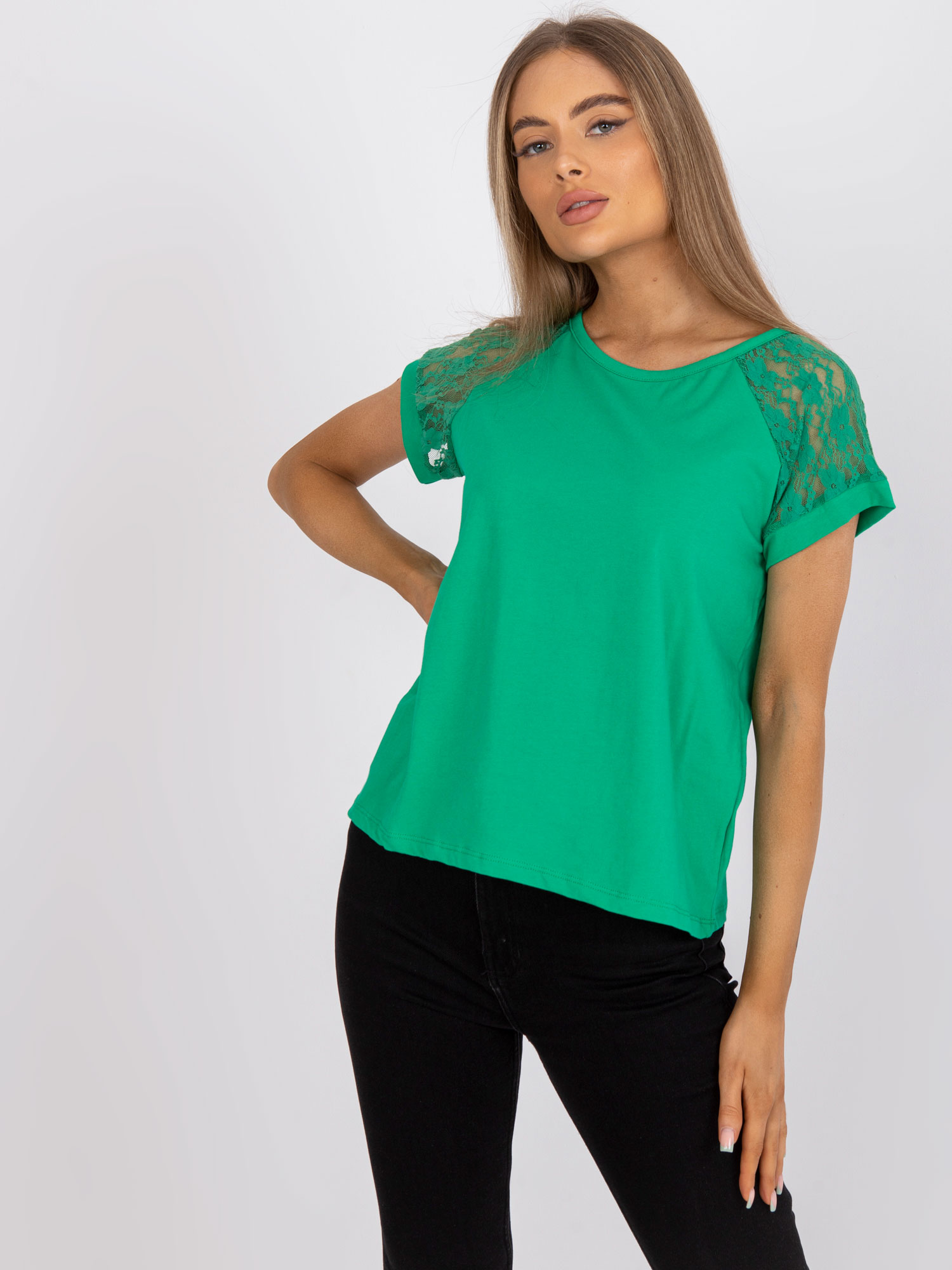 Dark Green Casual Blouse With Short Sleeves RUE PARIS