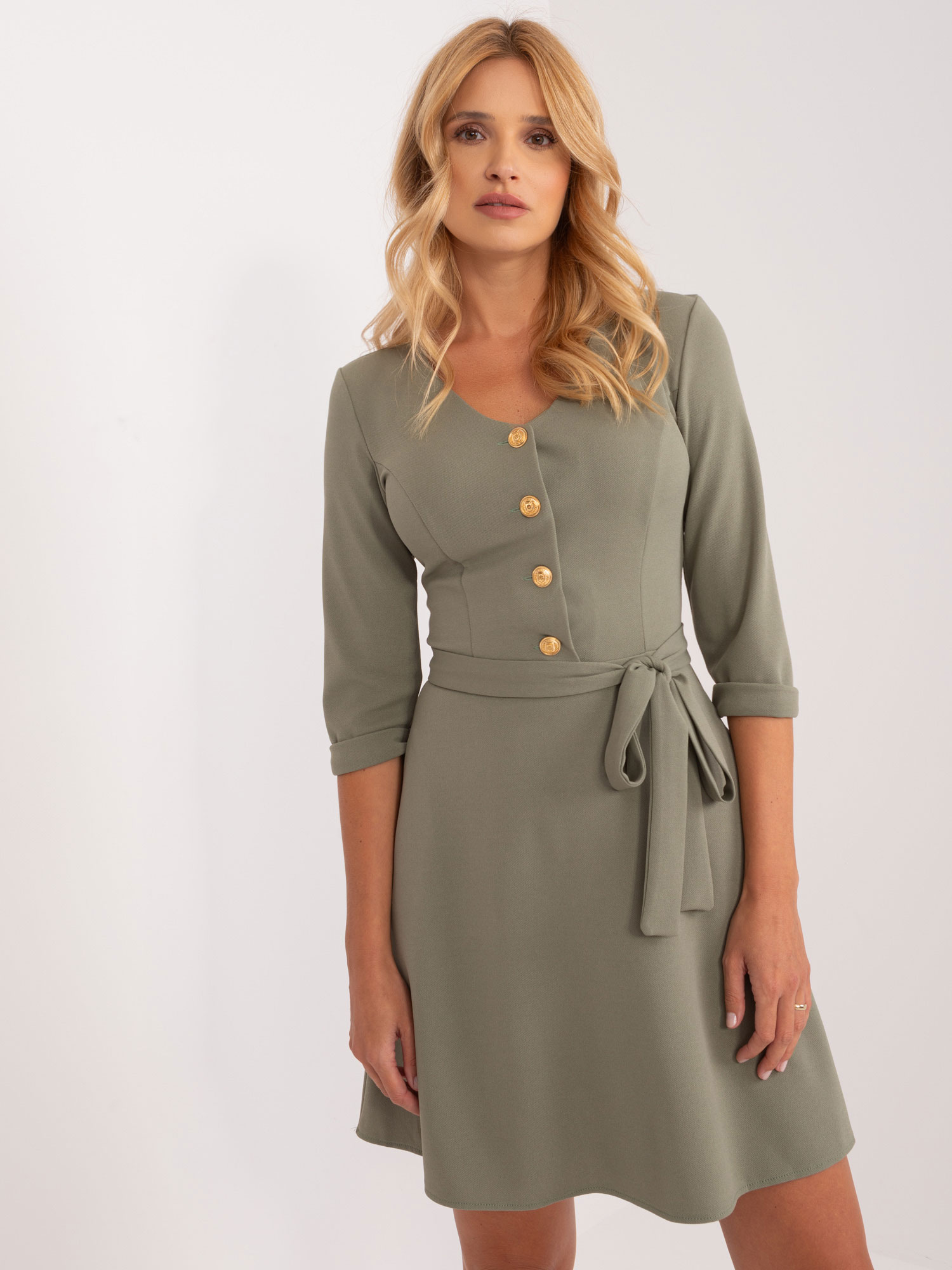 Khaki flared dress with decorative buttons