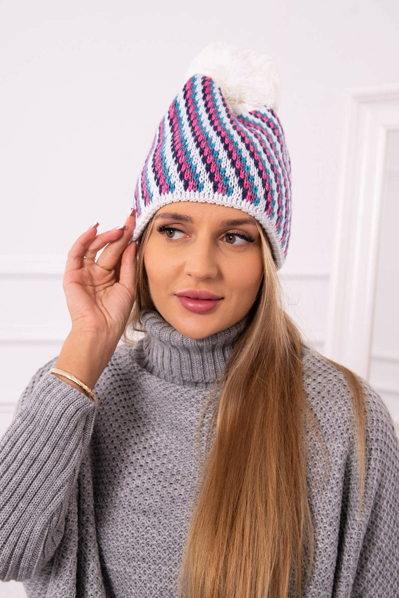 Hat with pompom Hanna K328 white+jeans