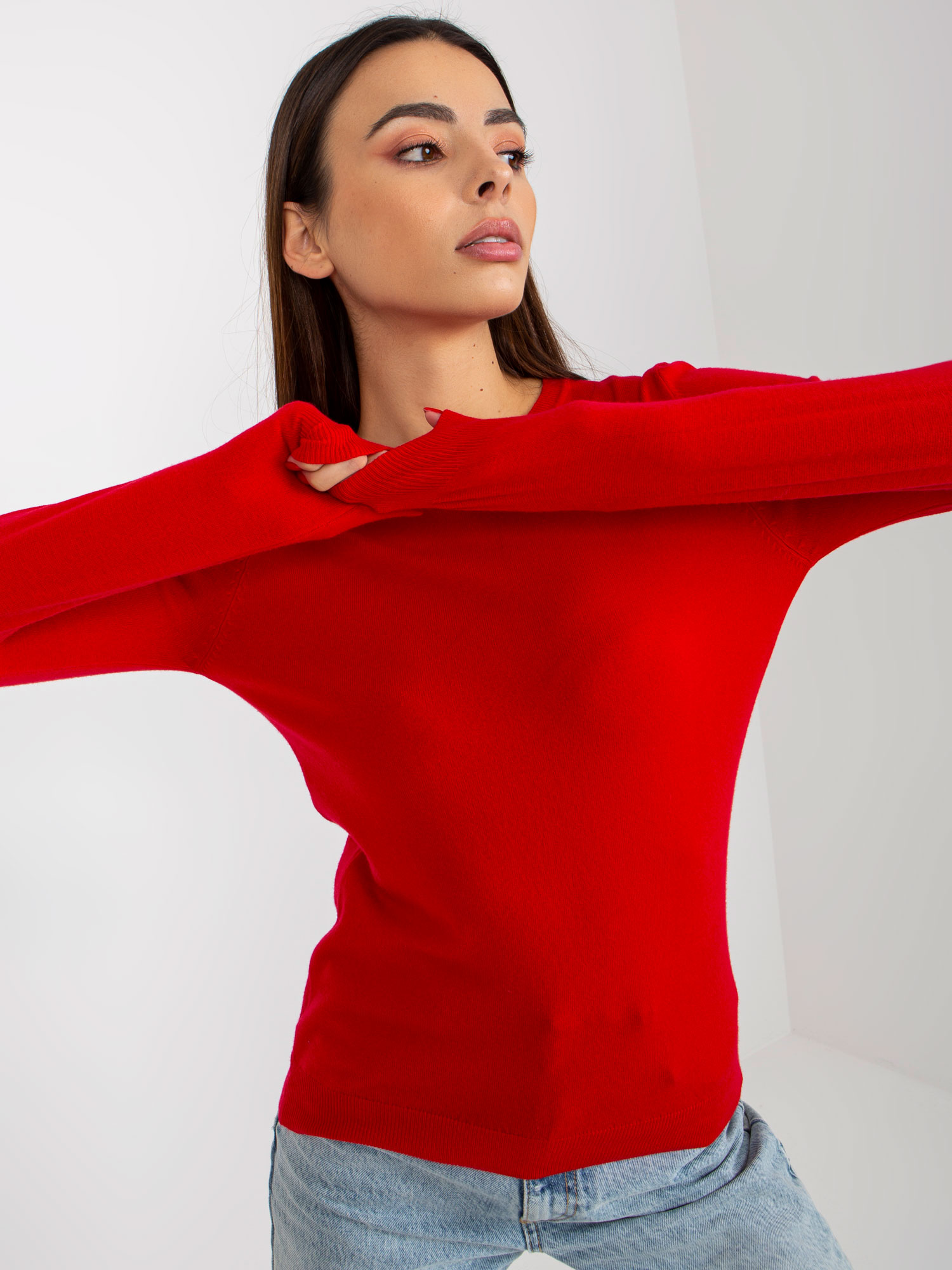 Red Women's Classic Sweater With A Round Neckline