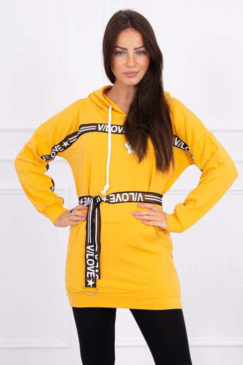 Dress Decorated With A Tape With Mustard Inscriptions