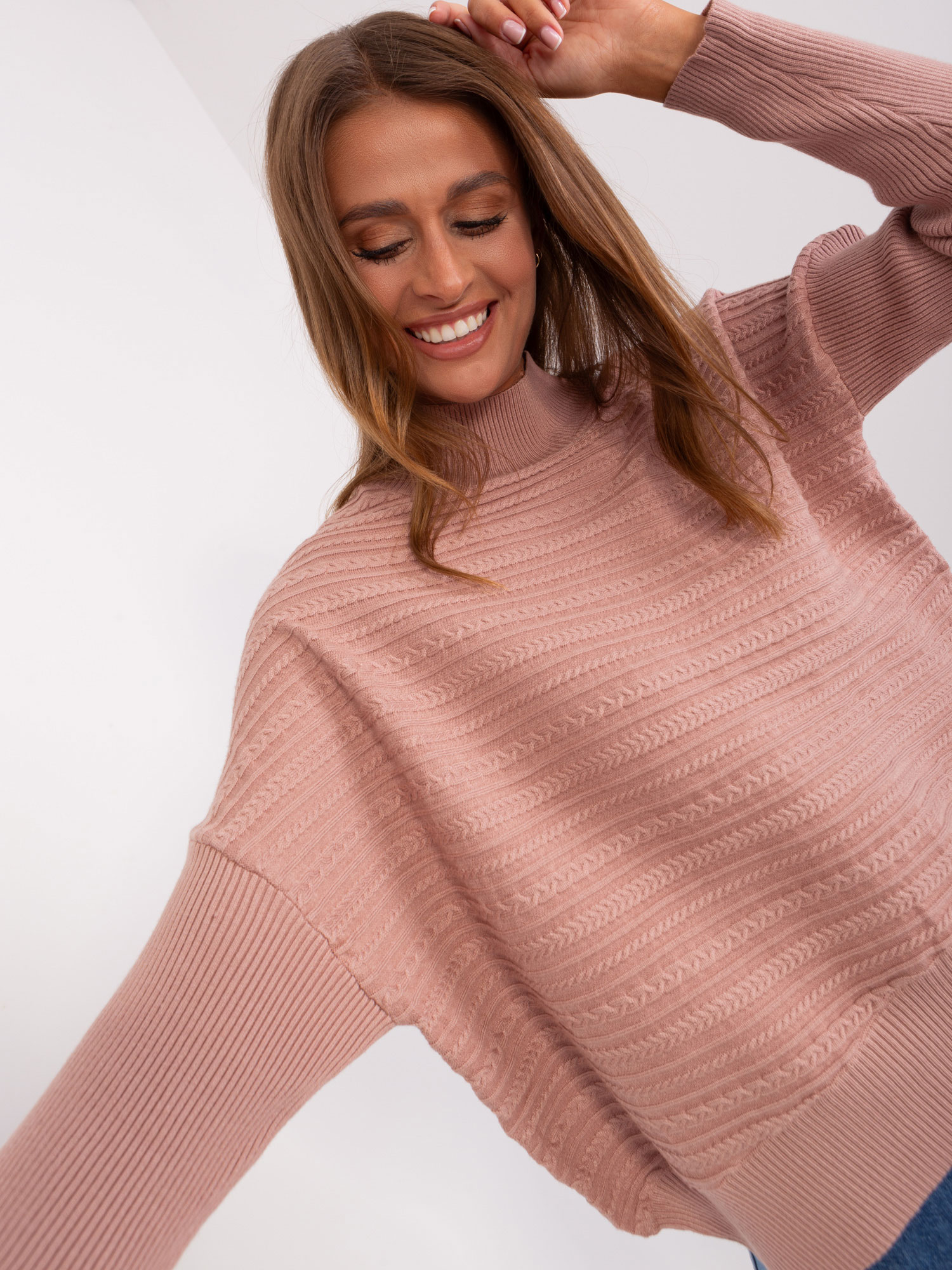 Dusty Pink Asymmetrical Sweater With Braids