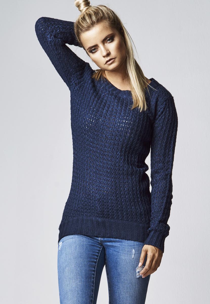 Women's Sweater With A Long Wide Neckline In A Navy Design