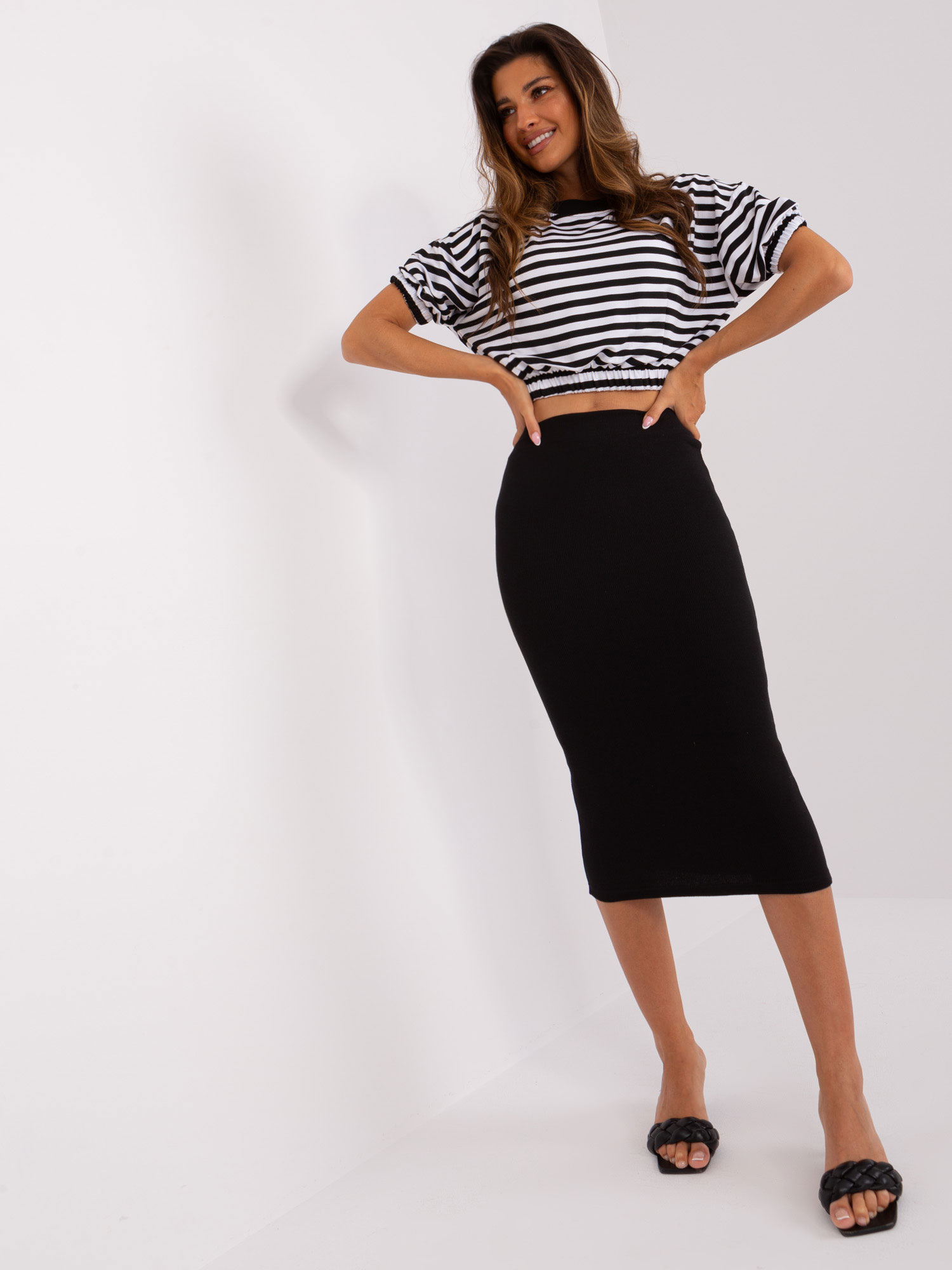 Black Casual Set With Midi Skirt