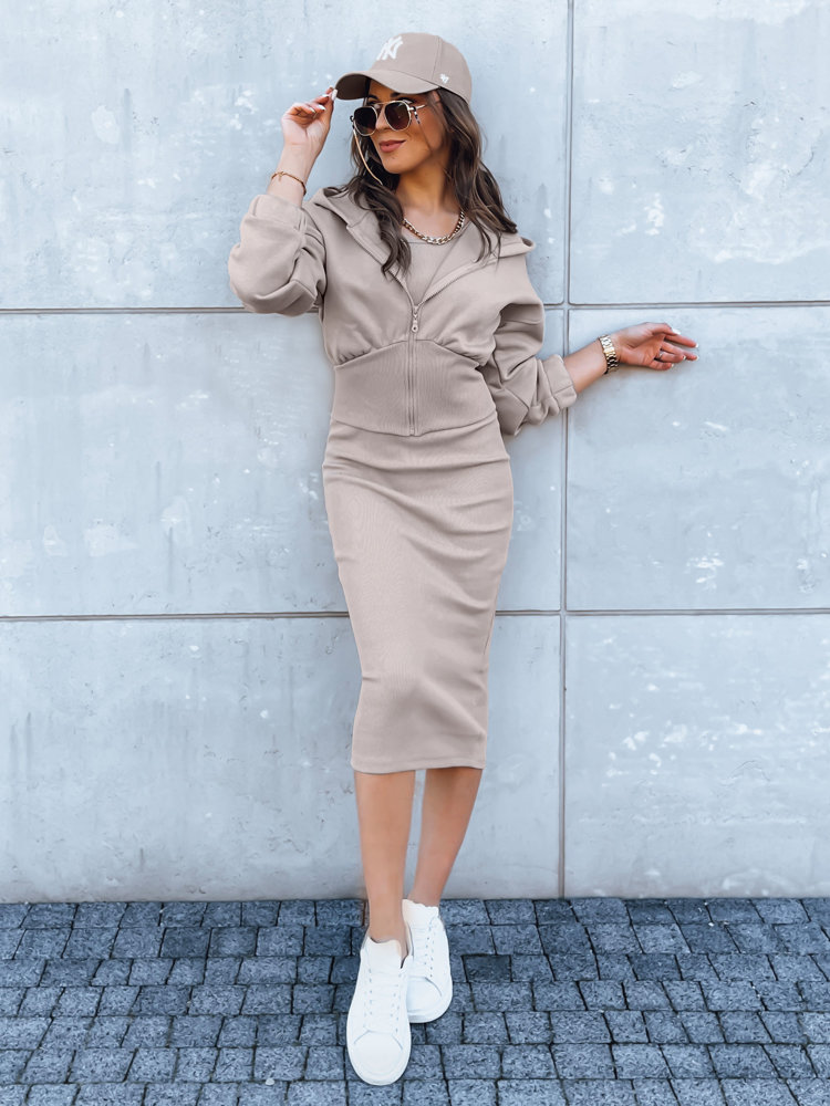 Komplet damski prążkowana sukienka midi i bluza MISTI beżowy Dstreet