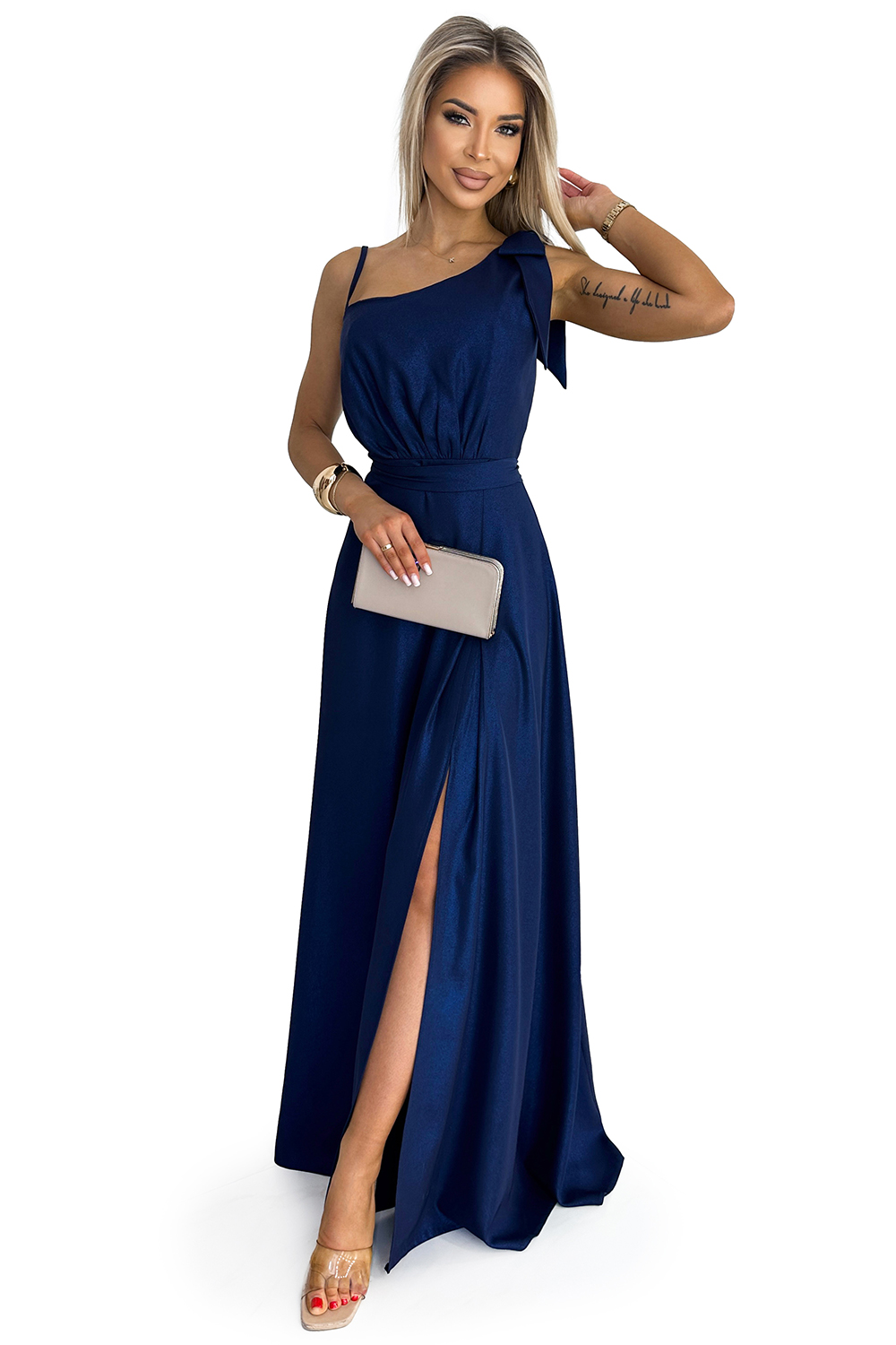 Women's long shiny one-shoulder dress with Numoco bow