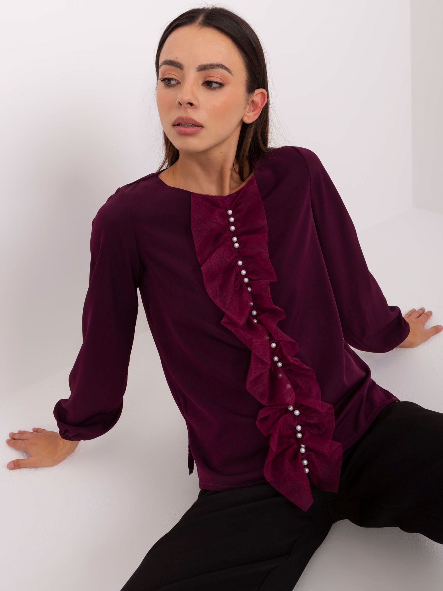 Dark Purple Formal Blouse With Pearls