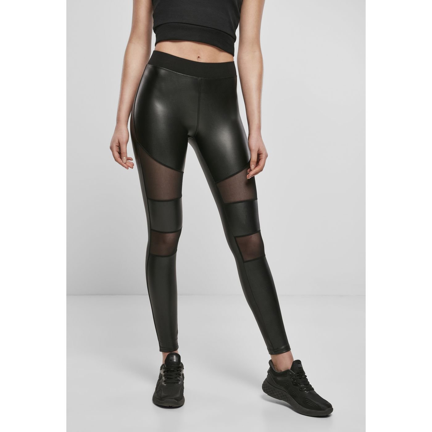 Women's Tech Mesh Leggings In Faux Leather Black