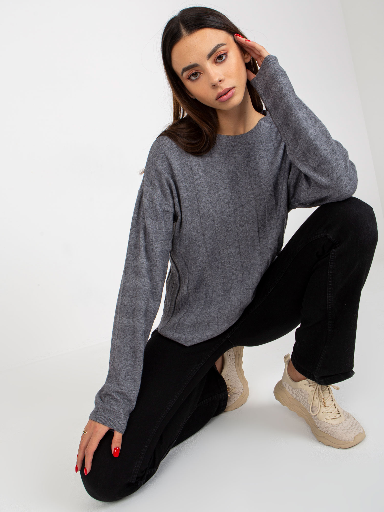 Dark Gray Loose Classic Sweater With A Wide Stripe