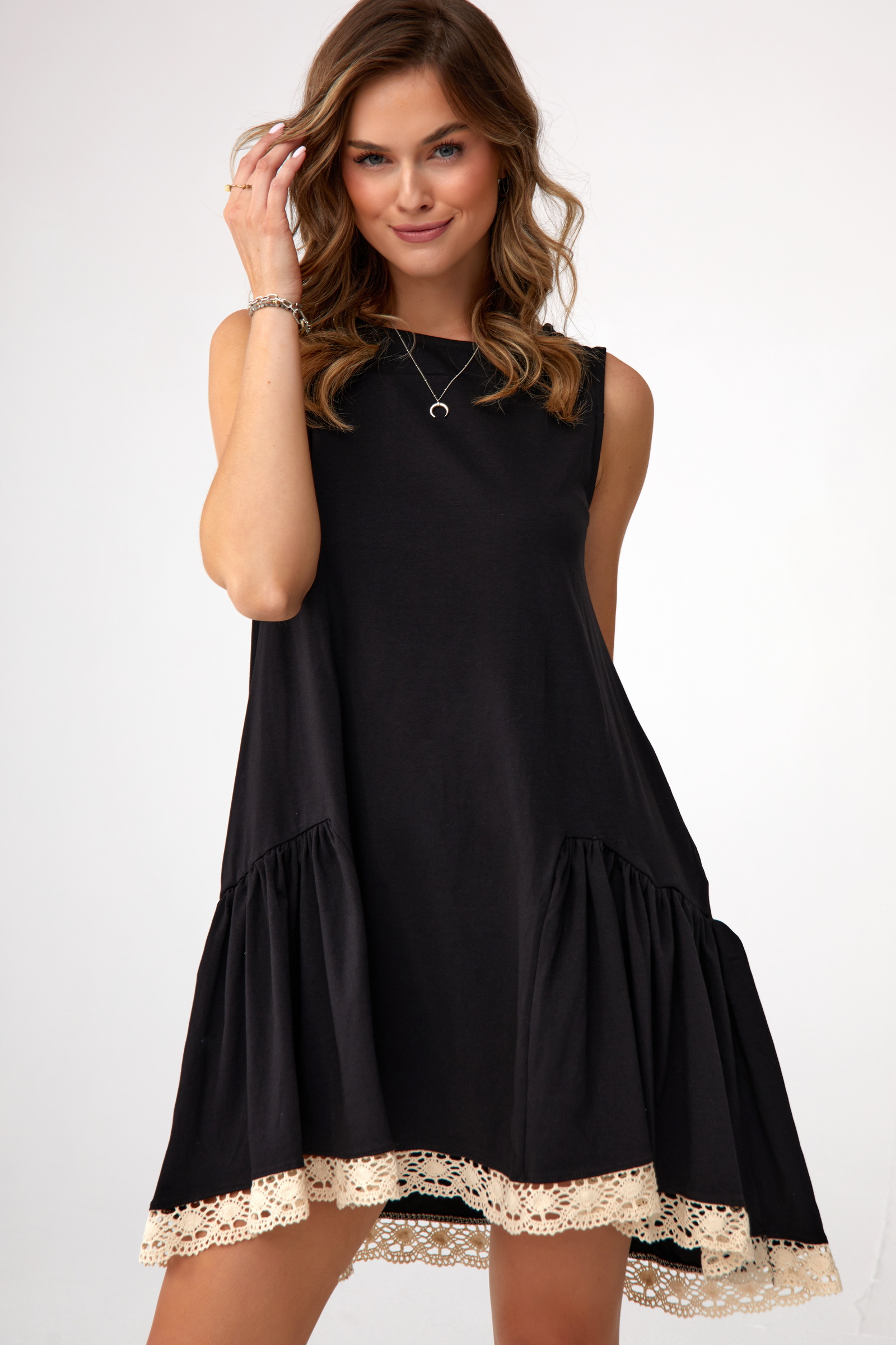 Black Dress With Frill And Guipure