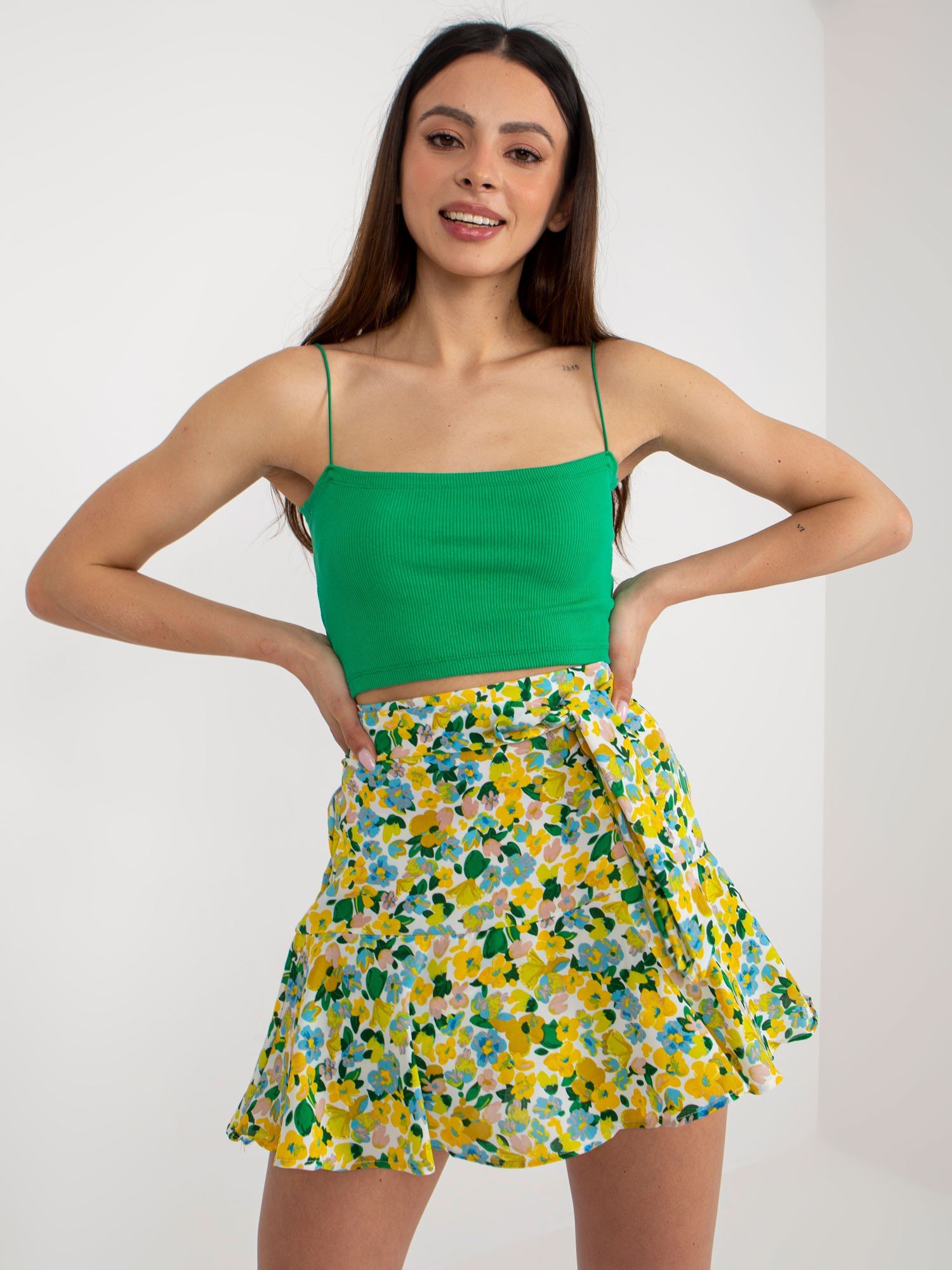 Yellow and green floral short skirt-shorts