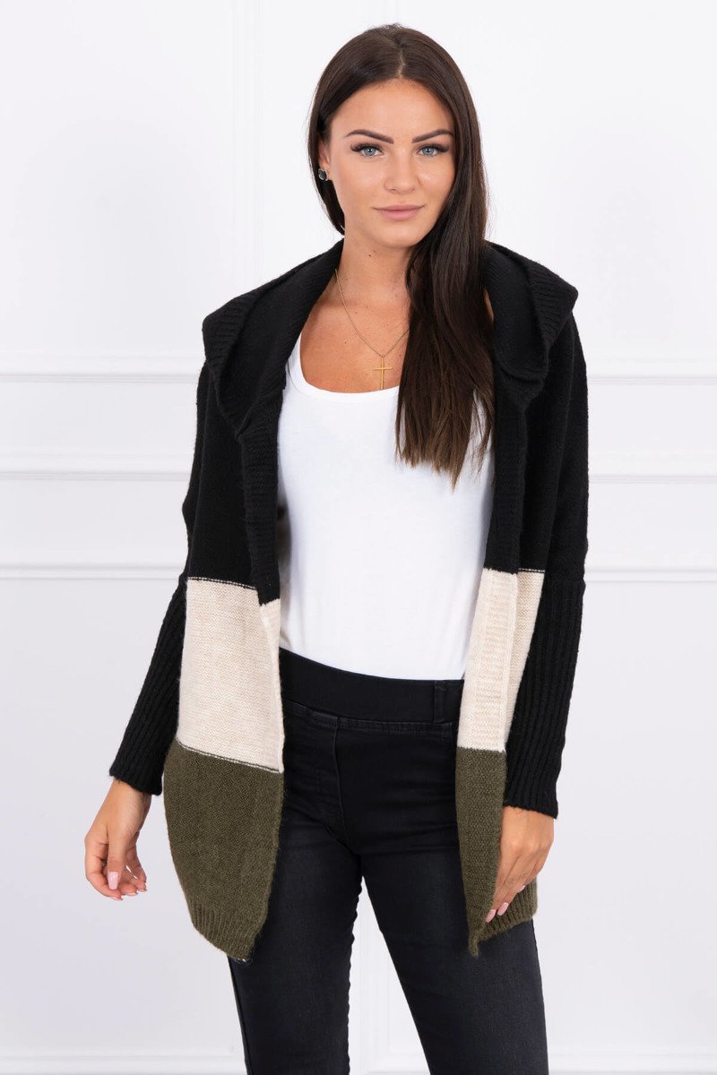 Levně Tříbarevný svetr s kapucí černá+béžová+khaki