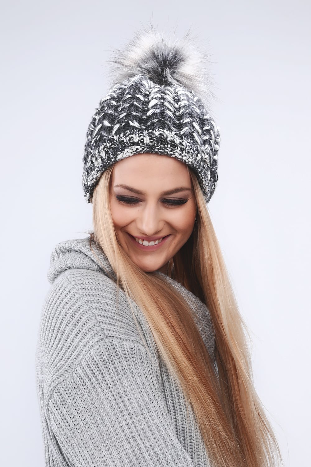 Graphite winter cap with herringbone pattern