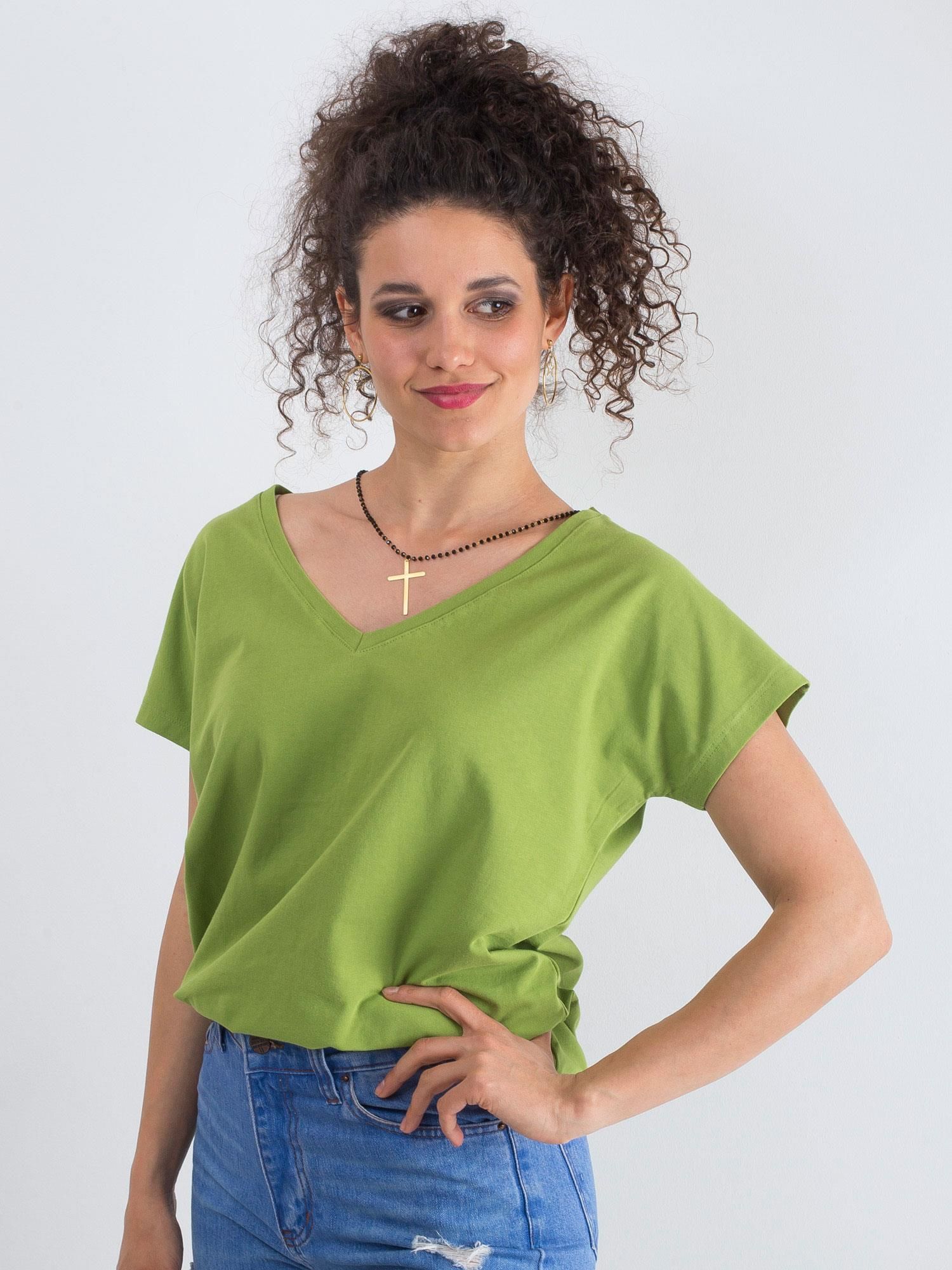 Levně Bavlněné tričko s výstřihem do V, světle zelené