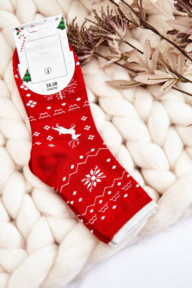Women's socks with Reindeer Christmas patterns red