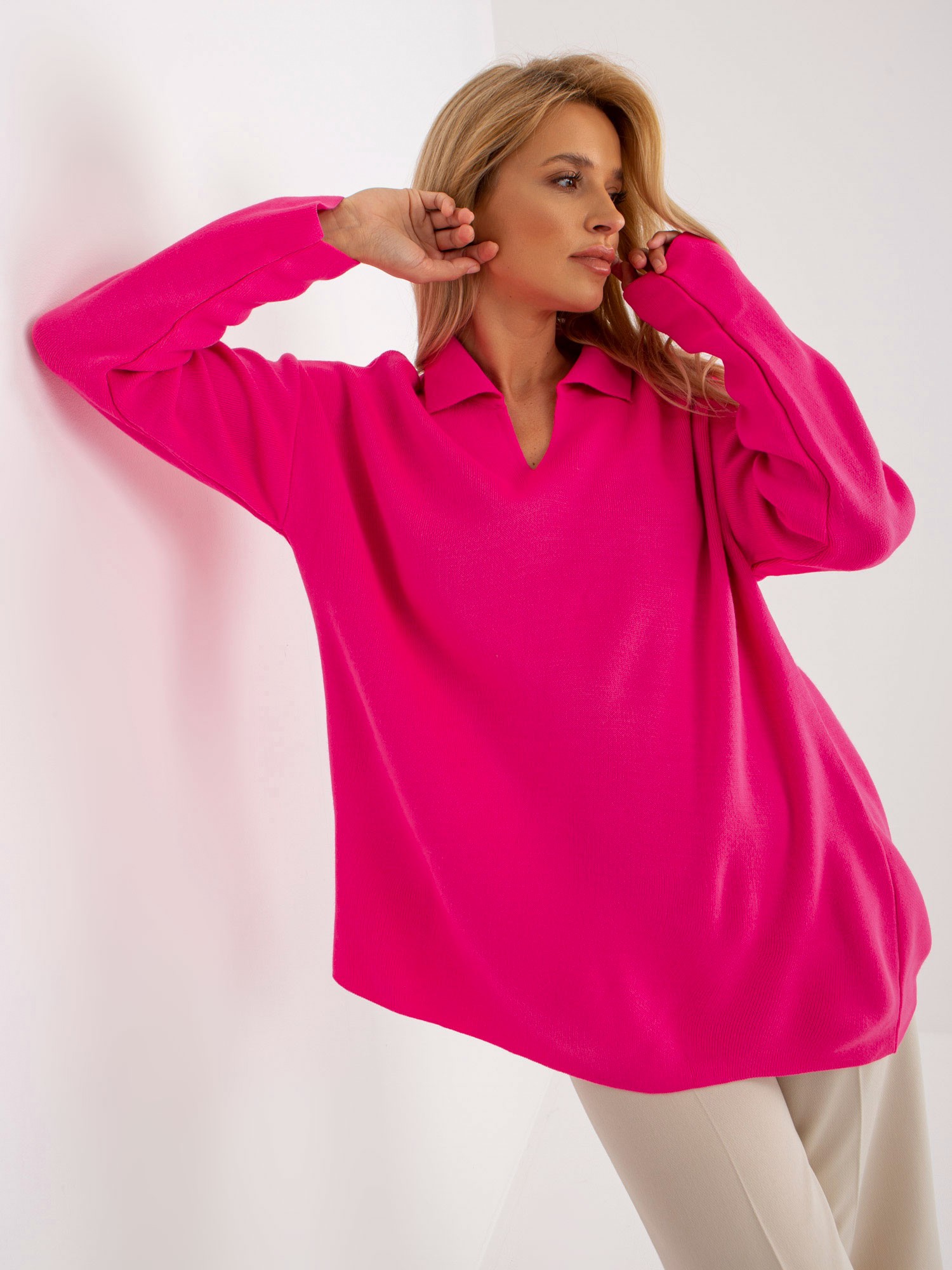 RUE PARIS Ladies Fluo Pink Oversize Sweater With Collar