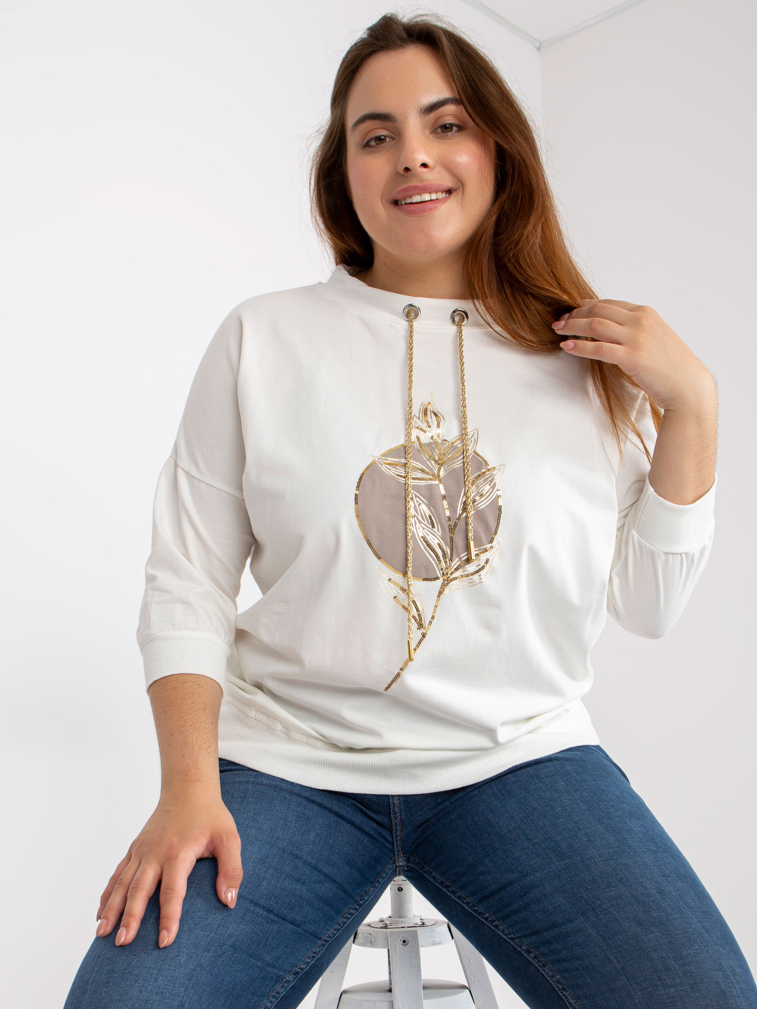 Cotton Blouse Ecru Plus Sizes With Sequins