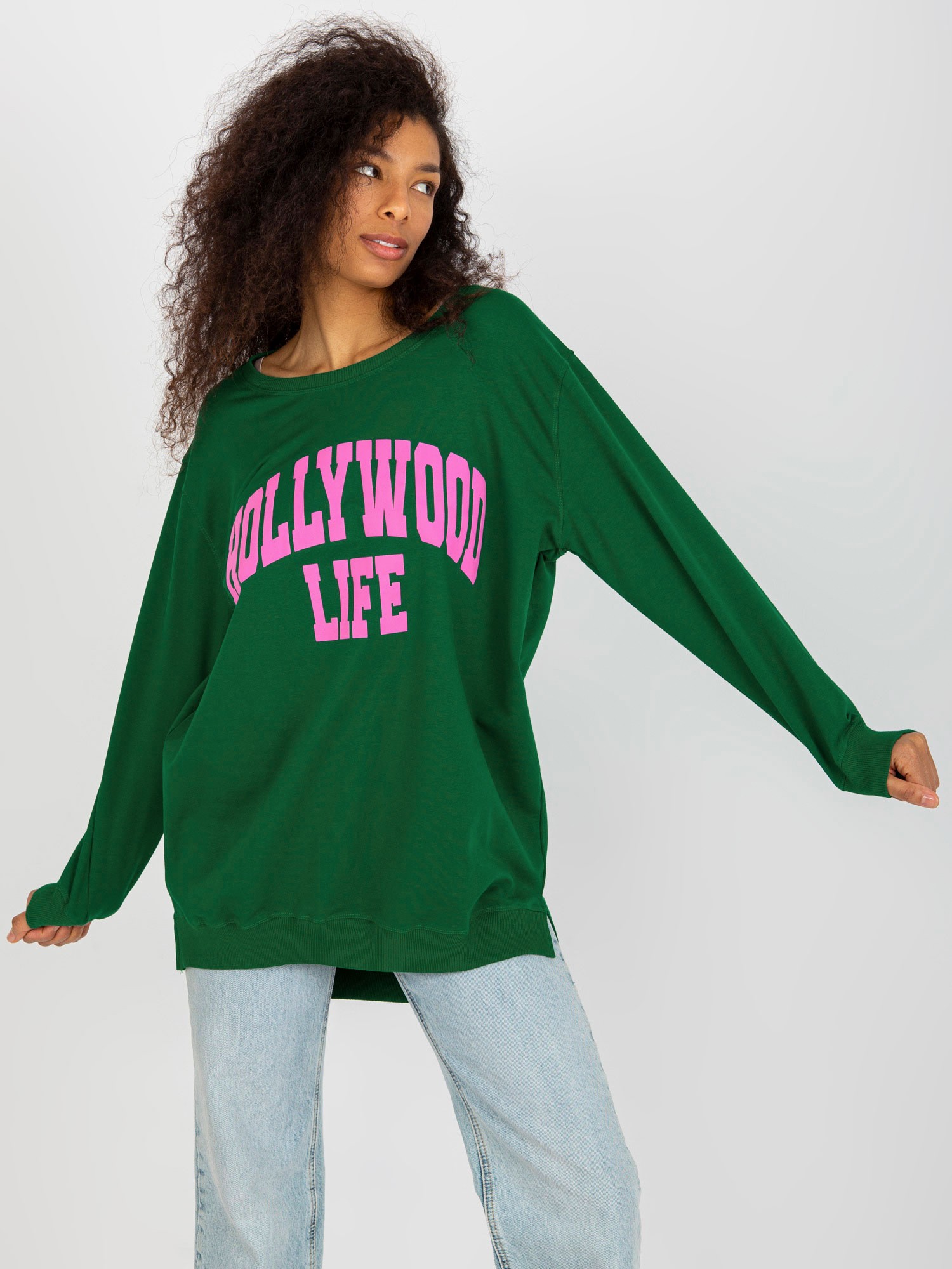 Dark green and pink oversize long sweatshirt with slogan
