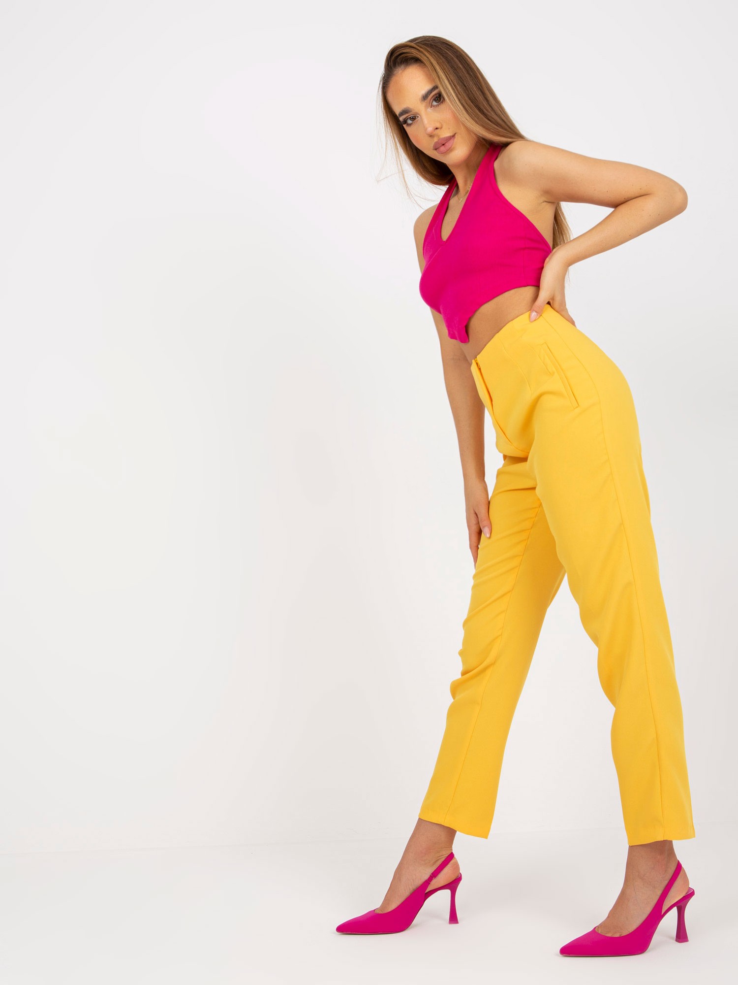 Dark yellow fabric trousers with straight legs