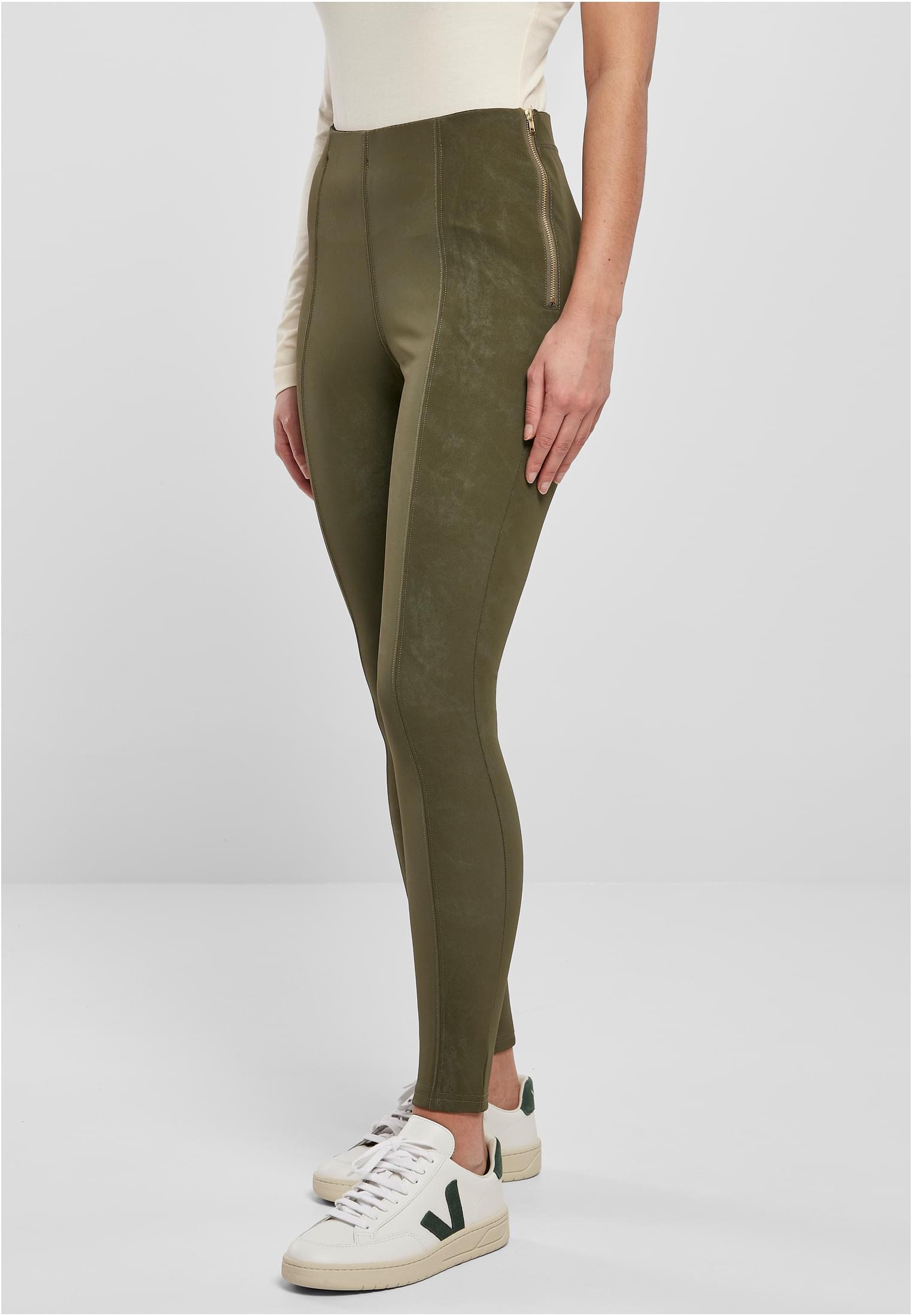 Women's Washed Trousers Made Of Olive Artificial Leather