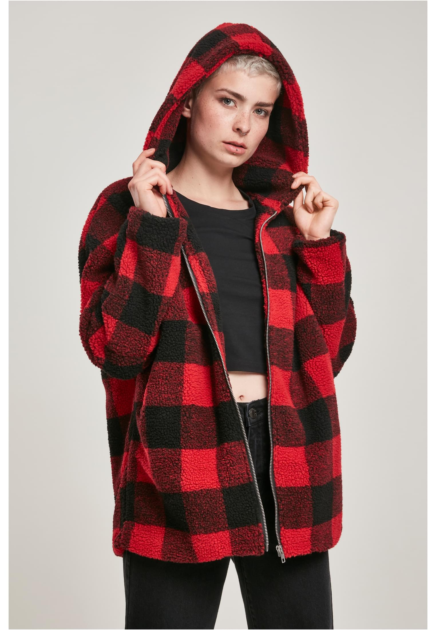 Women's Sherpa Oversized Check Hooded Jacket Burnt/blk