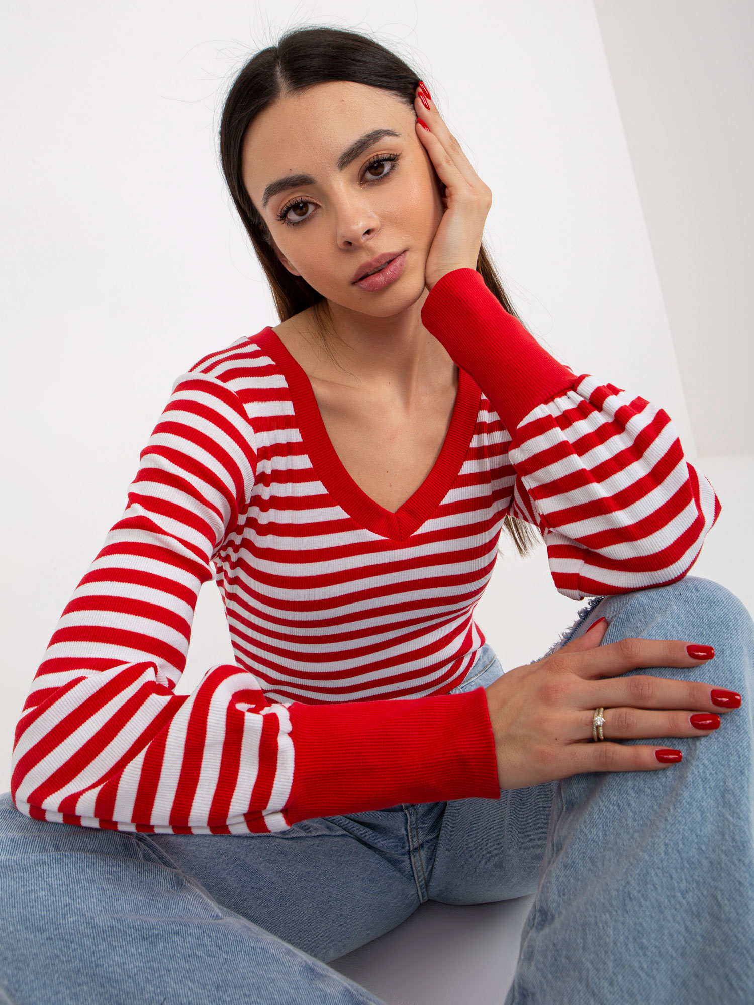 Red And White Striped Basic Ribbed Blouse