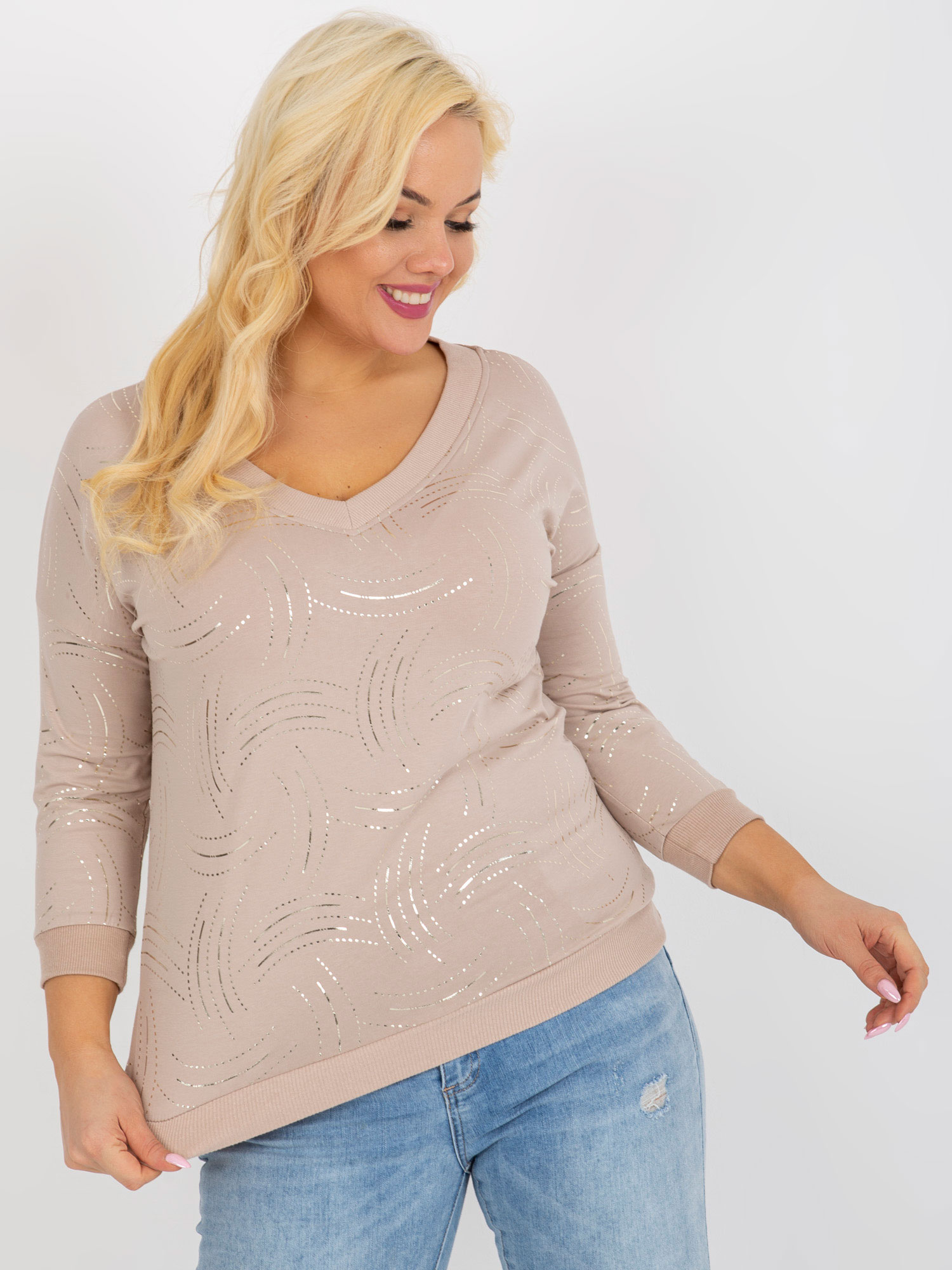 Beige Blouse Plus Size With Glossy Print