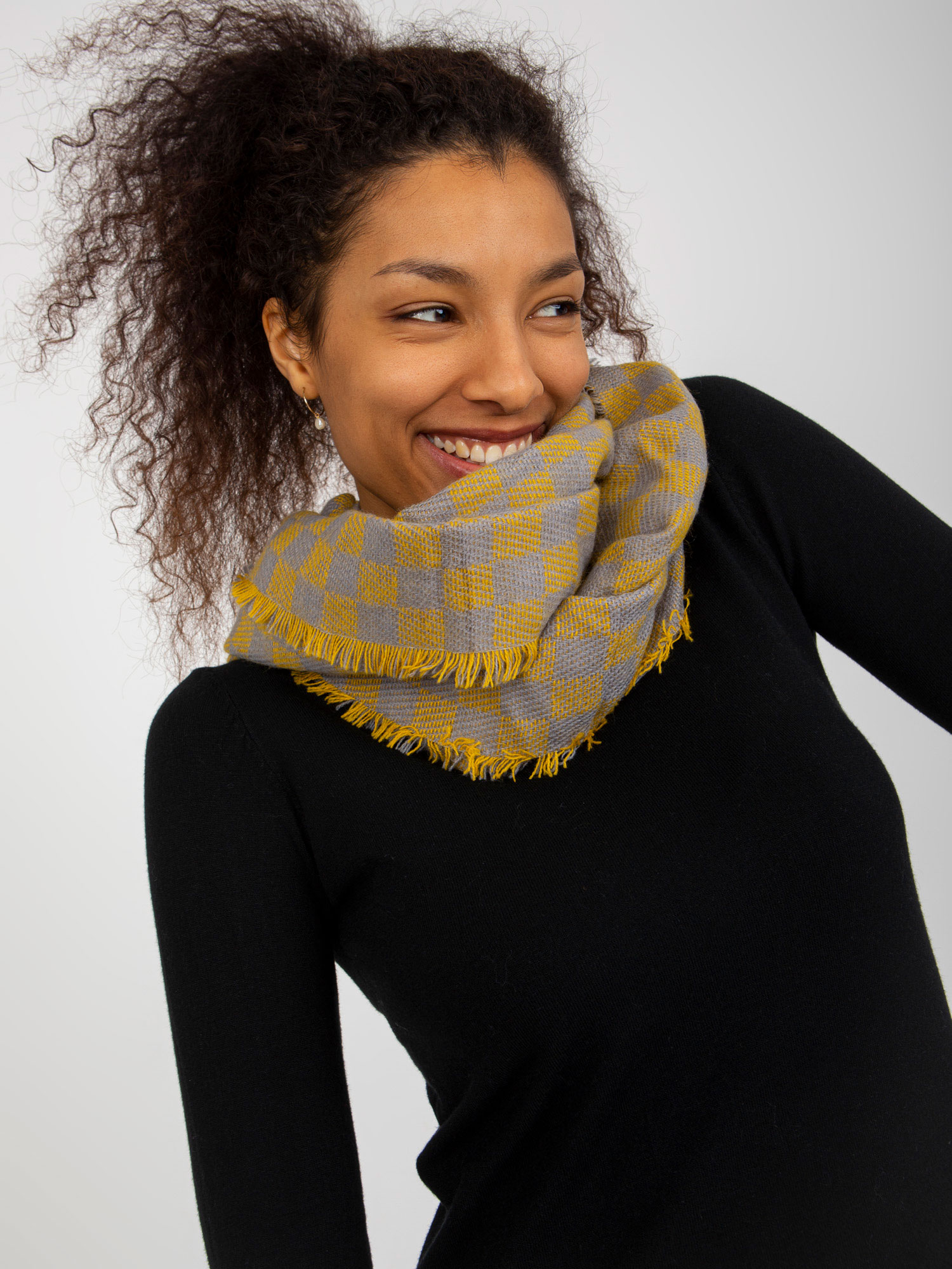 Grey-yellow checkered winter scarf for women
