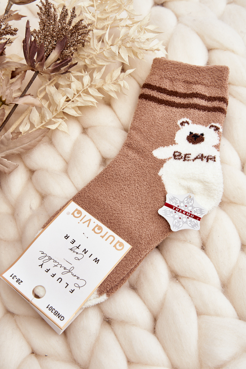 Levně Mládežnické teplé ponožky s medvídkem, světle hnědé