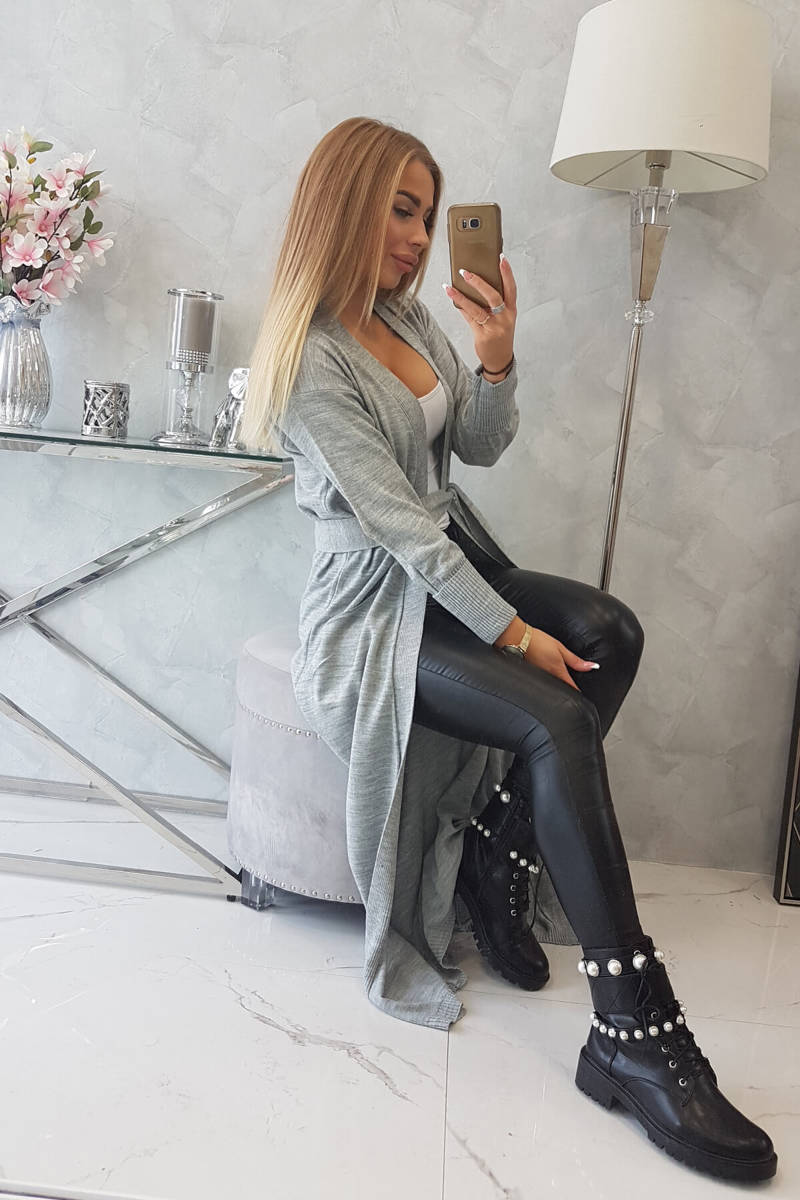 Pulover cardigan lung legat la talie gri