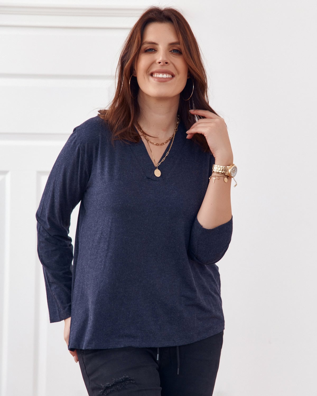 Classic Dark Blue Blouse With V-neck