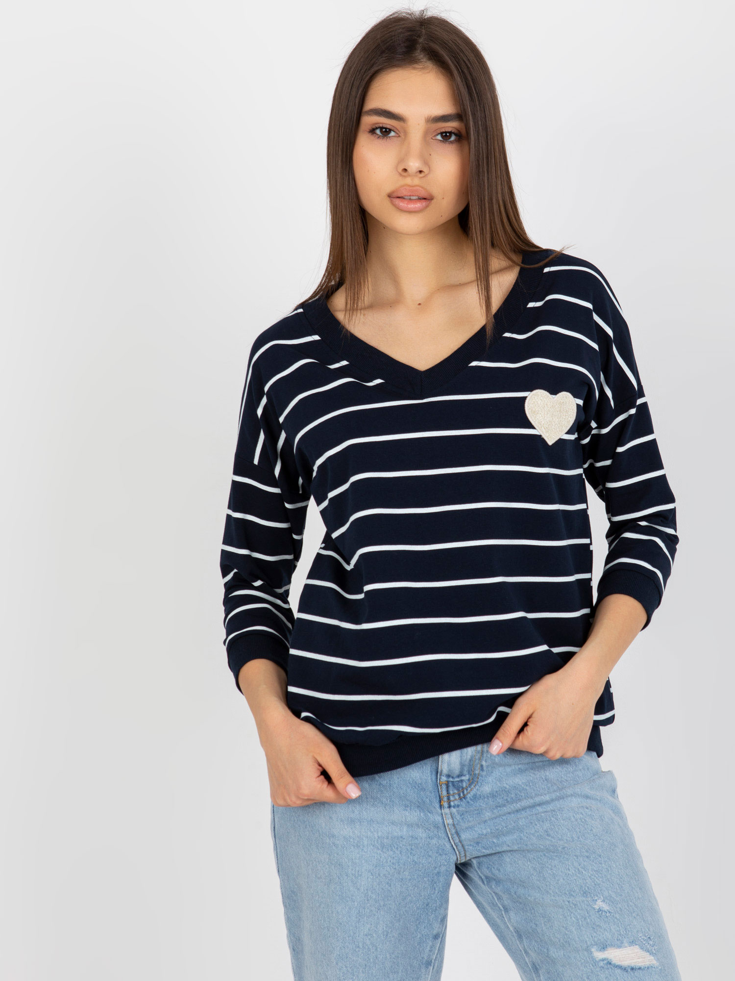 Navy and white blouse with V-neck by BASIC FEEL GOOD
