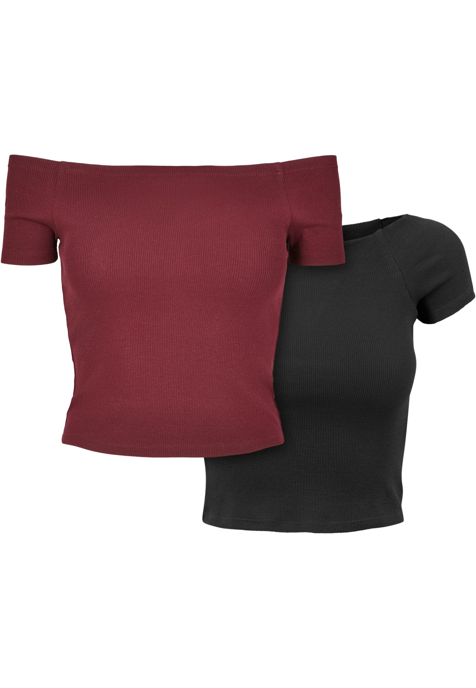 Women's T-Shirt Off Shoulder Rib Tee 2-Pack Redburgundy+Black