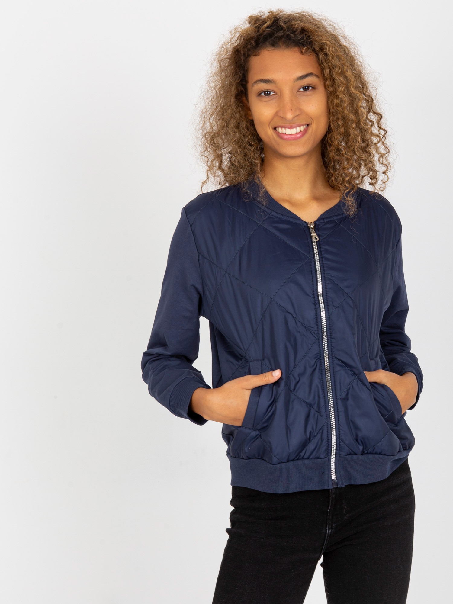 Navy Blue Quilted Bomber Sweatshirt With RUE PARIS Badge