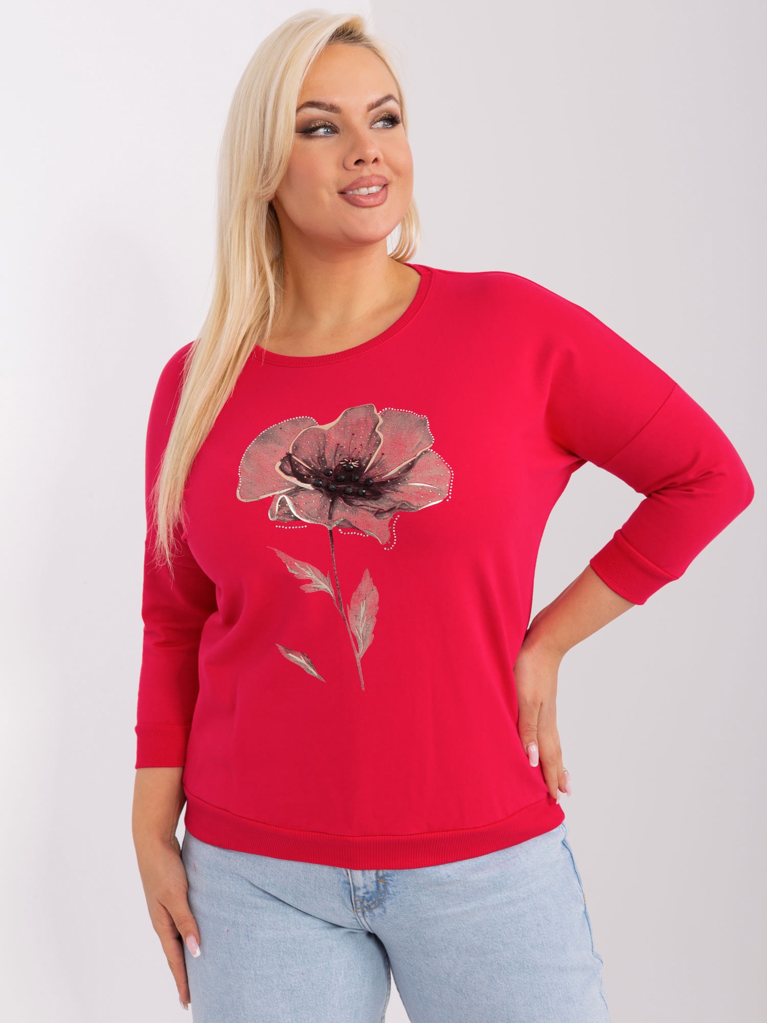 Red women's plus size blouse with appliqués