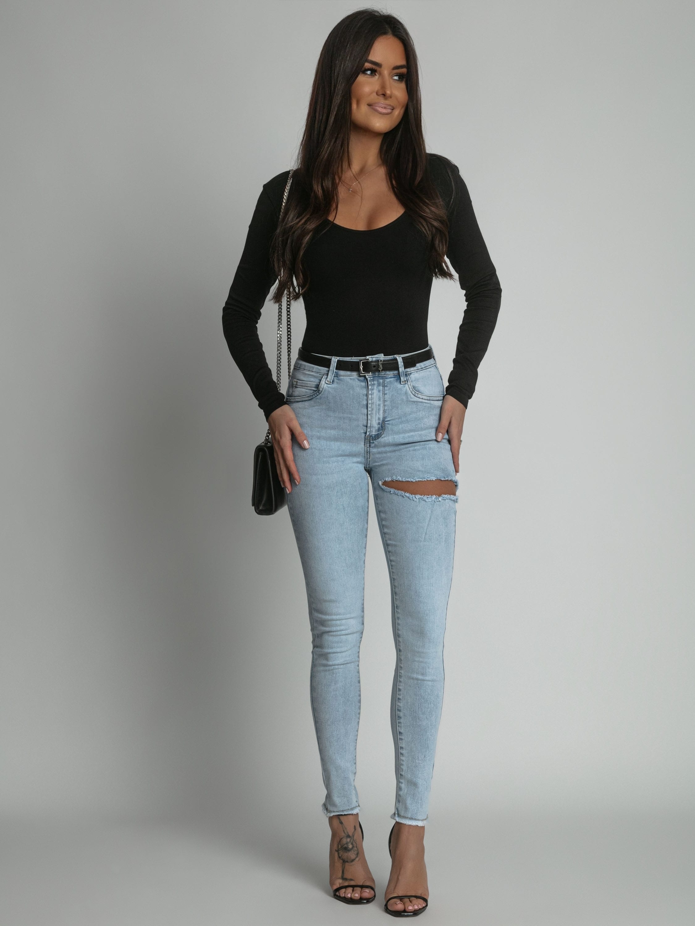 Tight Denim Trousers With Slit In Light Blue