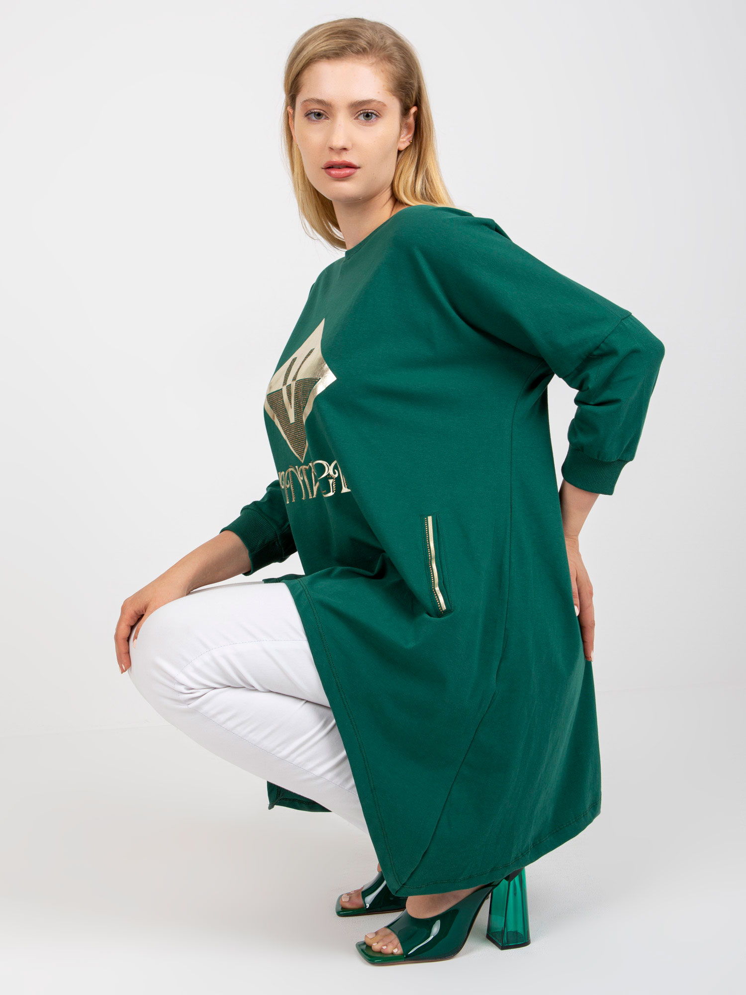 Dark Green Blouse Plus Size With Gold Print