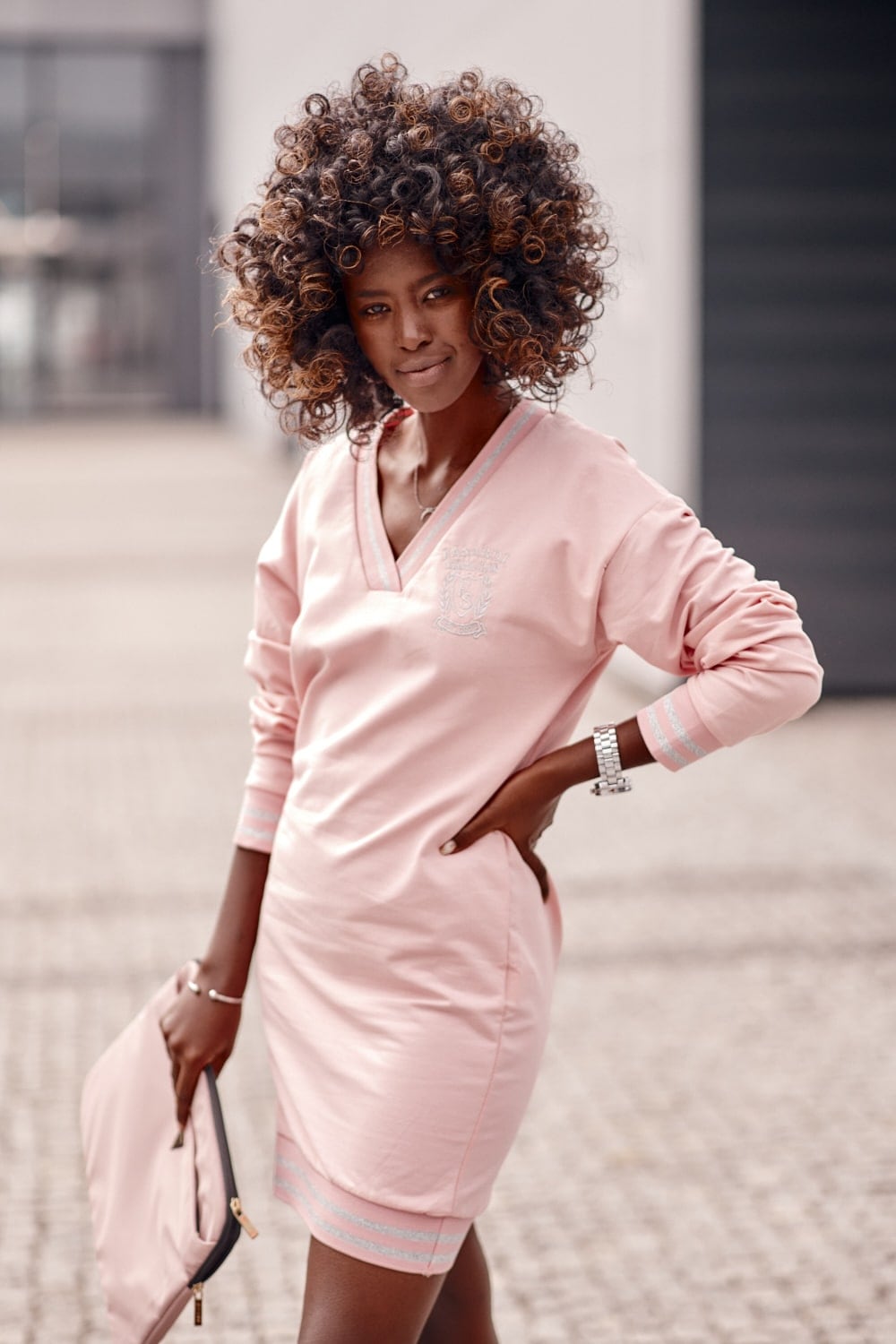 Powder dress with decorative stripe
