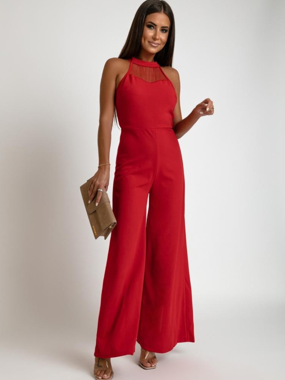 Red jumpsuit with a stand-up collar for wide legs