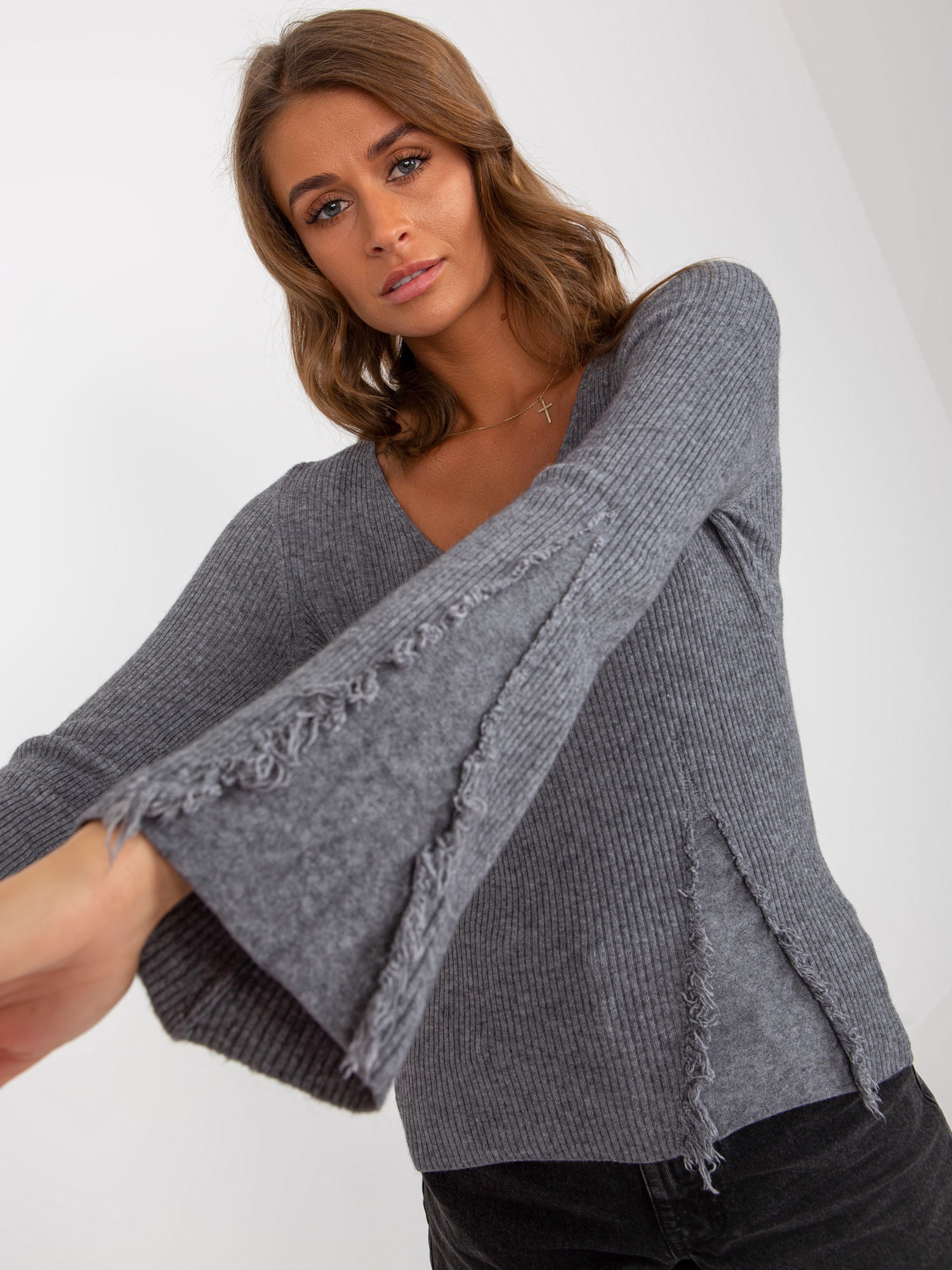 Dark Gray Ribbed Classic Sweater With Viscose