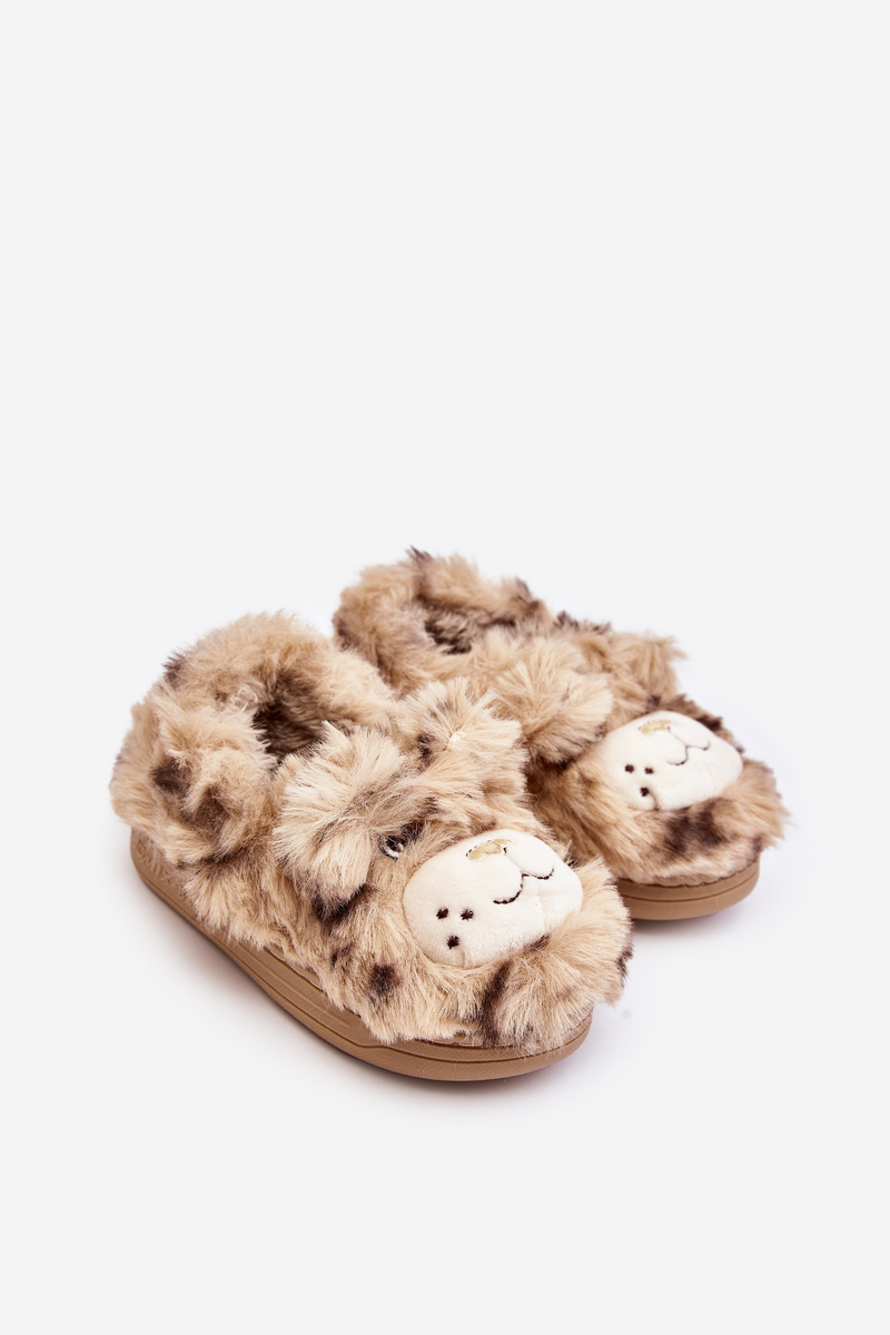 Children's Fur Slippers With Teddy Bear, Beige Apolania