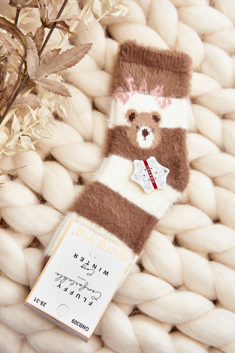 Children's fur socks with teddy bear, brown and white
