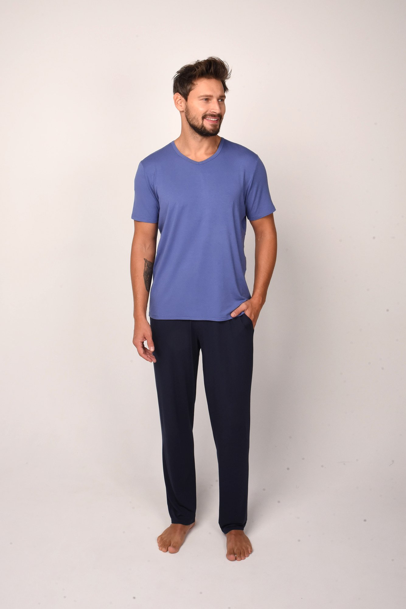 Men's Pyjamas Dallas, Short Sleeves, Long Pants - Blue/Navy Blue