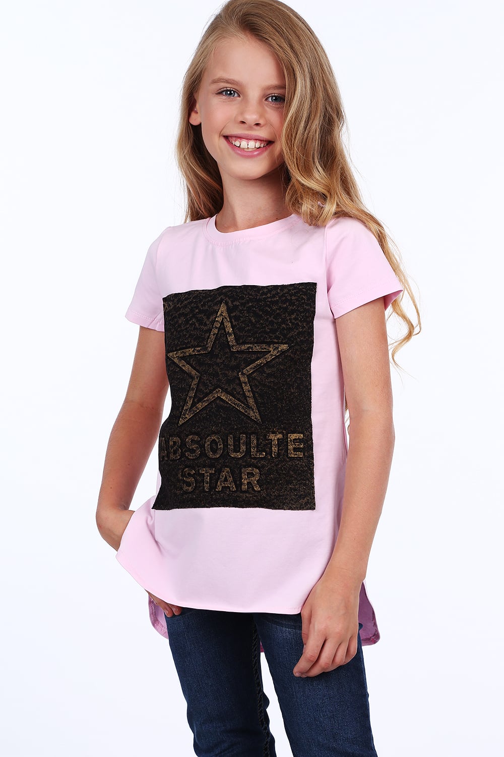 Girls' T-shirt with longer back, light pink