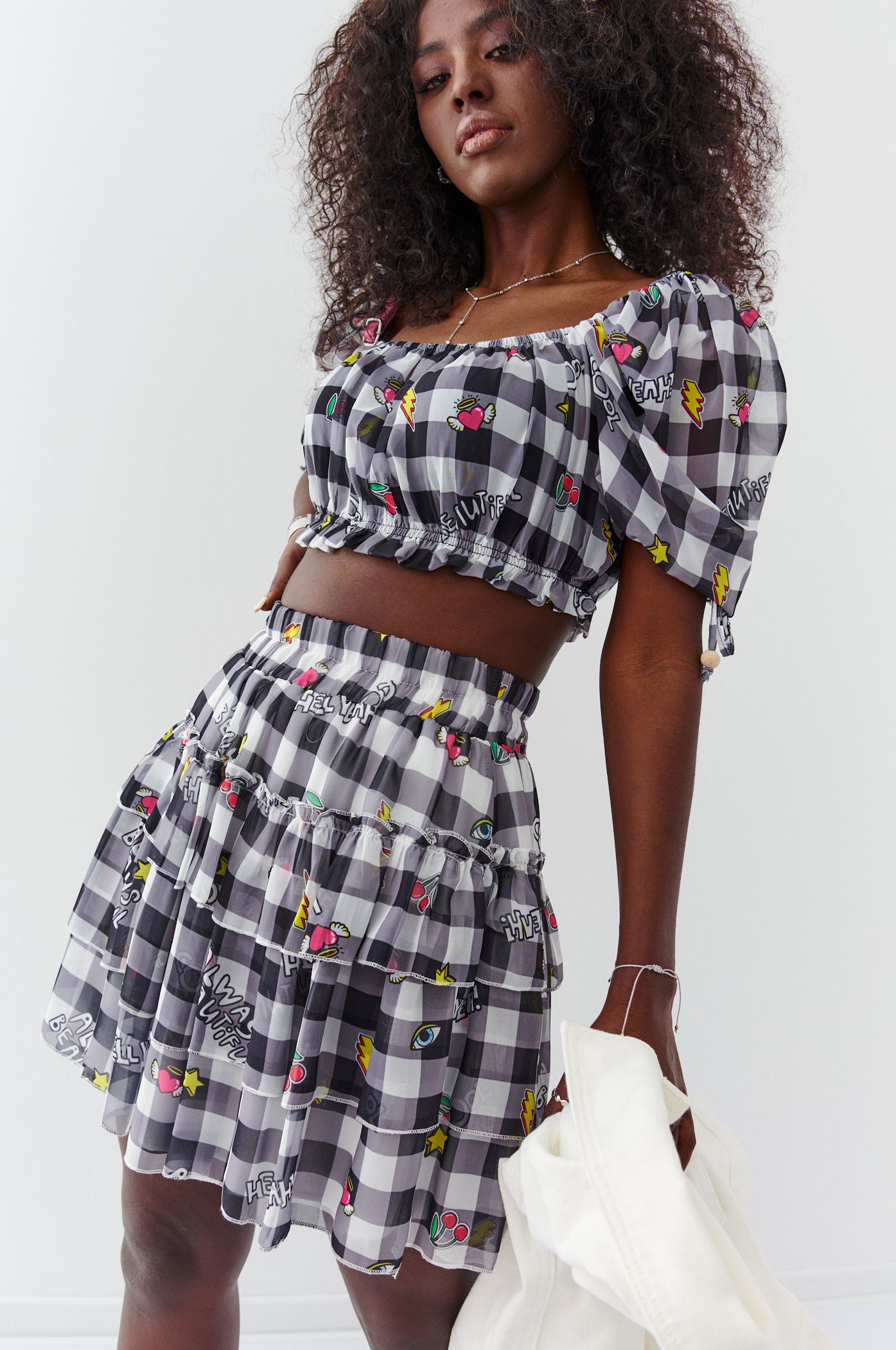 Checkered black summer top with short sleeves