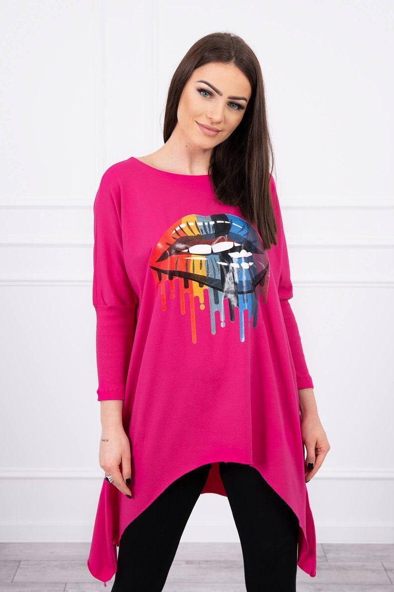 Oversize blouse with fuchsia rainbow lip print