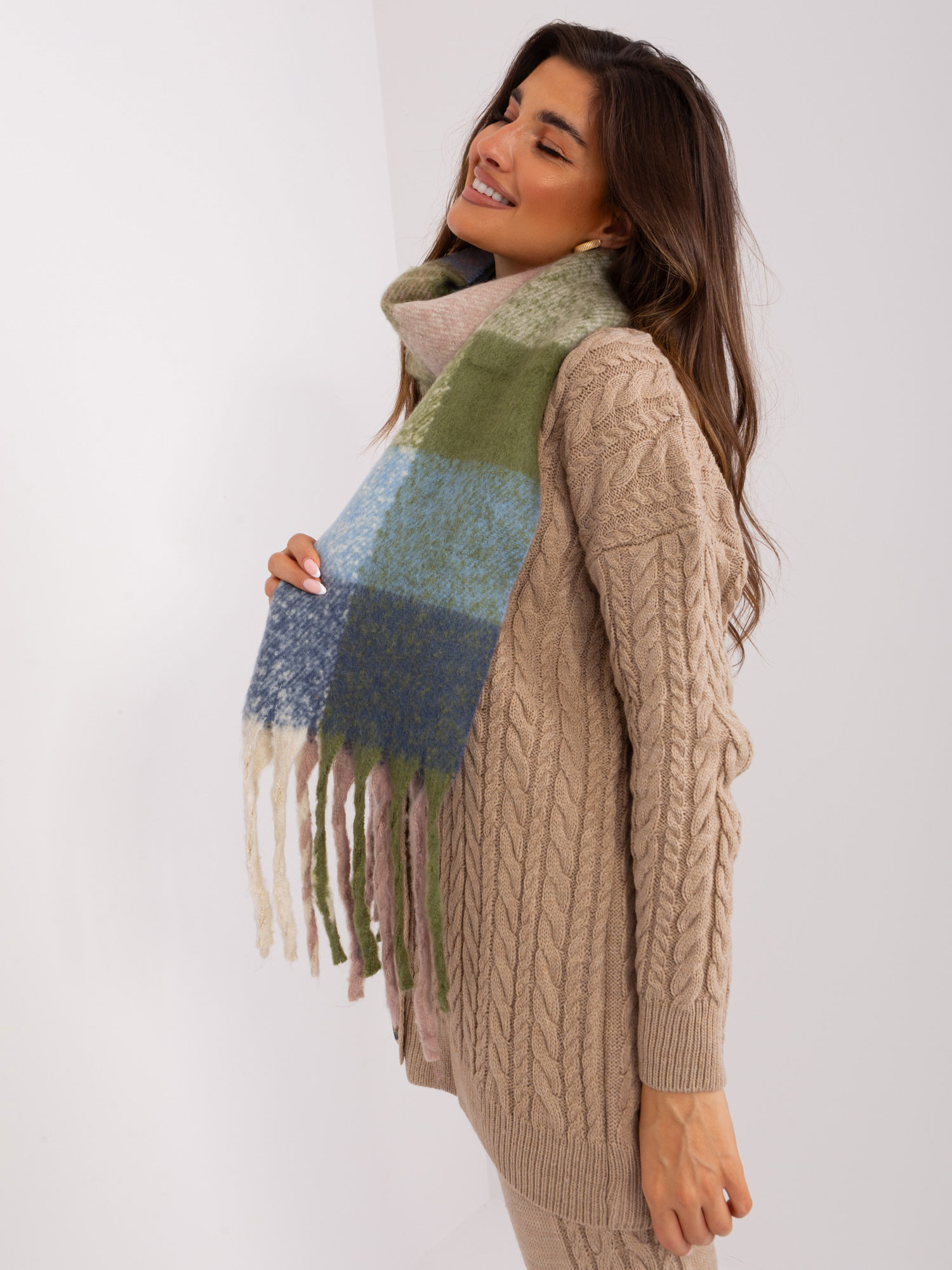 Khaki - Blue Knitted Scarf With Plaid Fringe