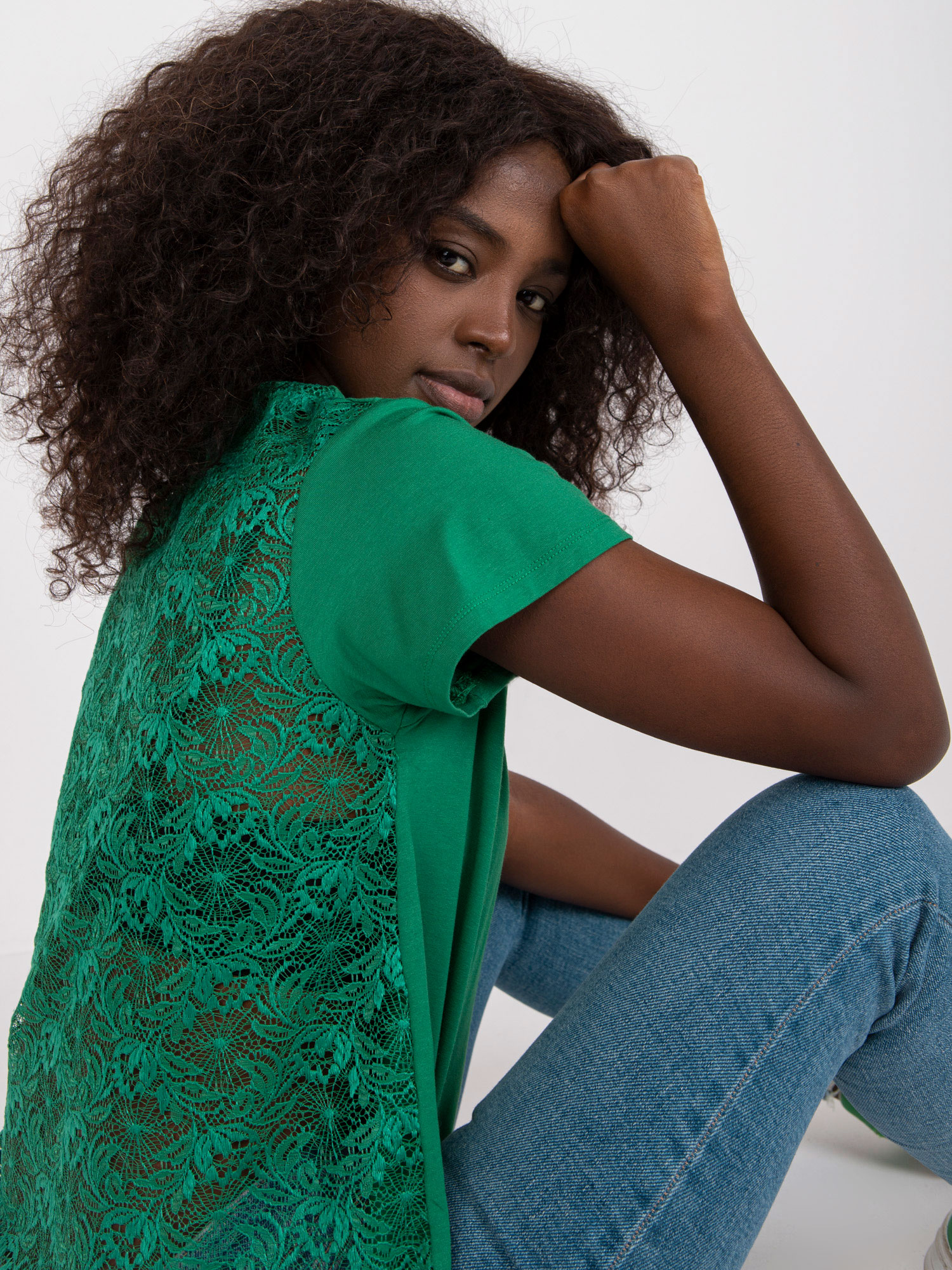 Dark Green Blouse Of A Loose Cut With A Lace Back