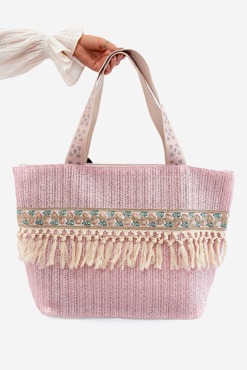 Velká tkaná plážová taška s třásněmi, růžová Missalori